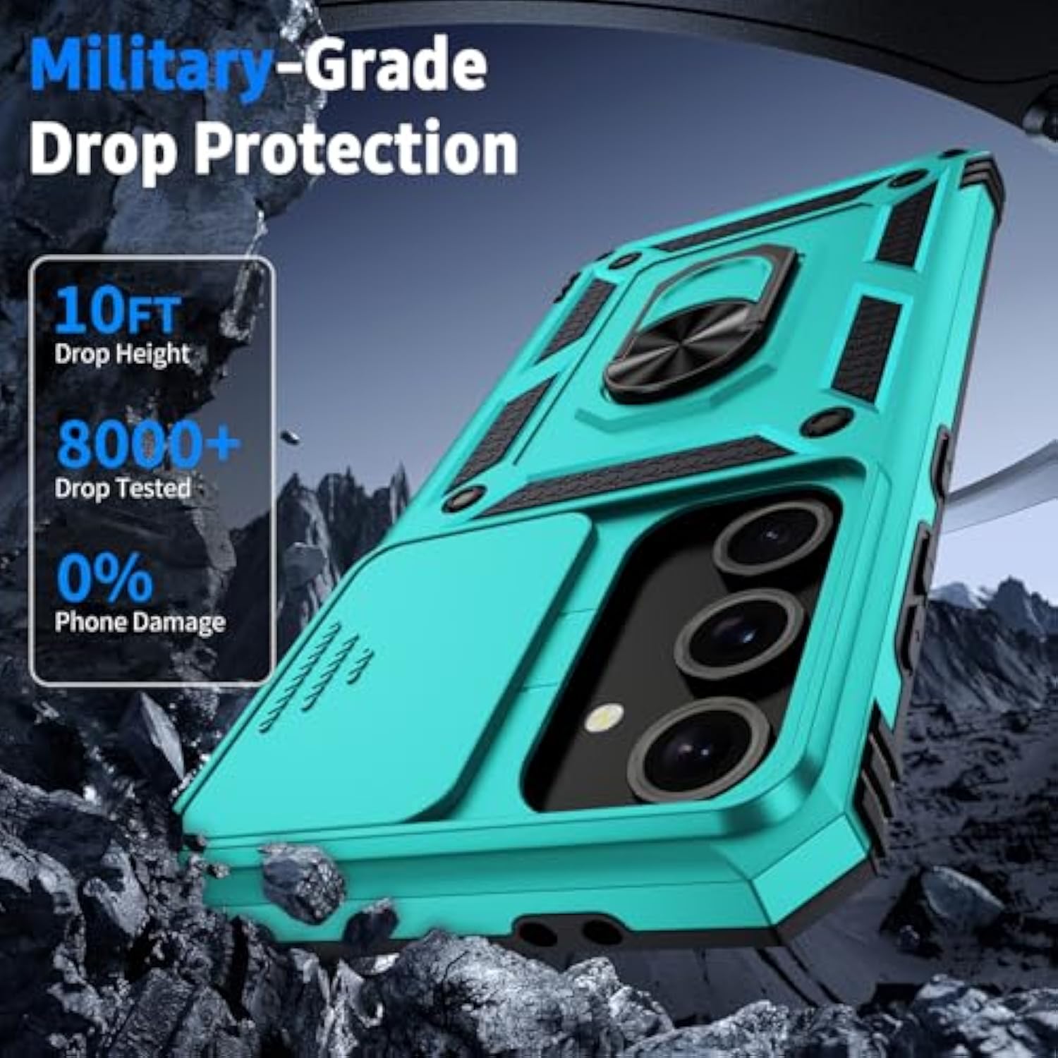 For Samsung Galaxy S23 Case With Camera Lens Cover, 10 Ft Military Grade Drop Protection, Magnetic Ring Holder Kickstand Protective Phone Case, Ice Green