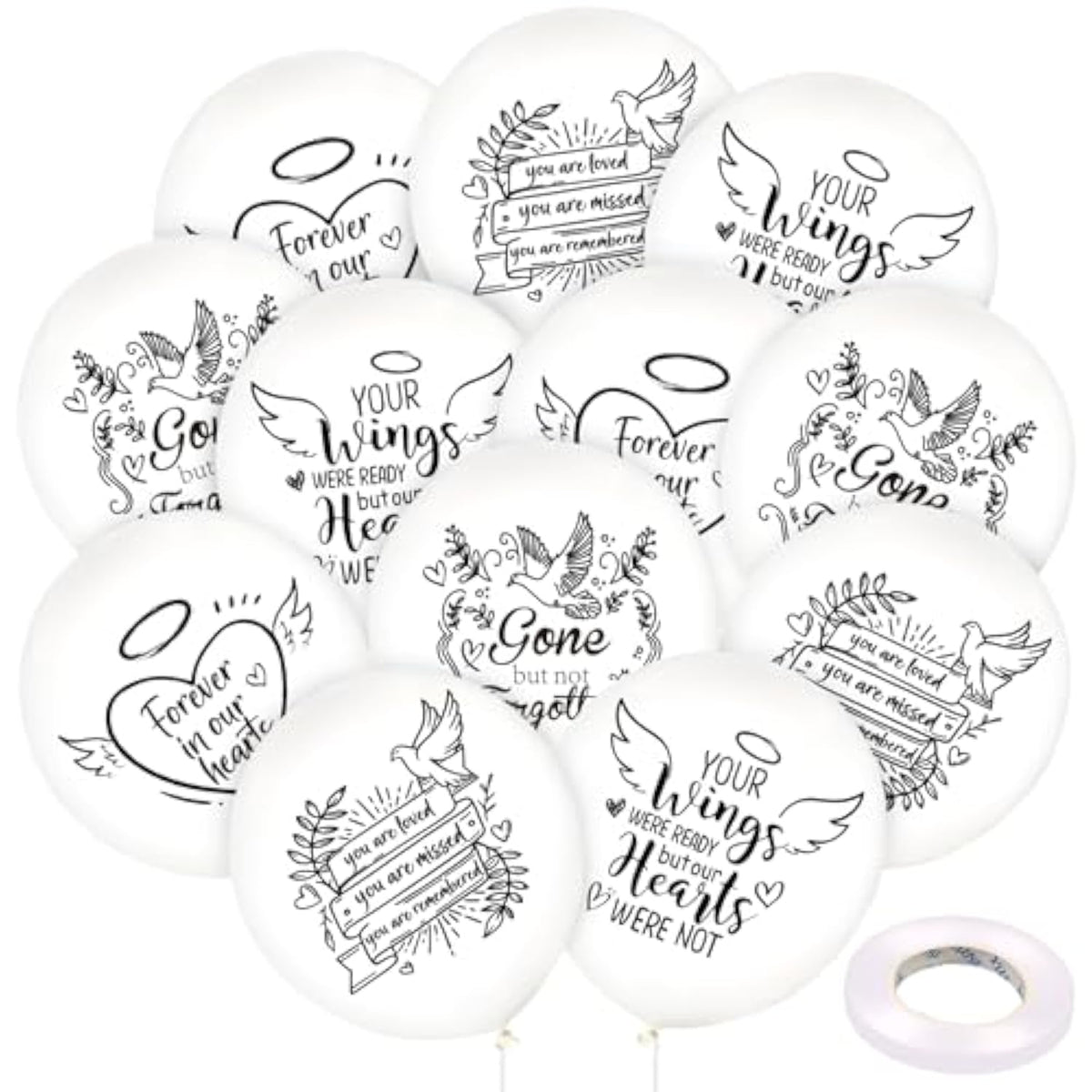12Pcs White Funeral Memorial Balloons,Remembrance To Release In Sky For Happy Heavenly Birthday Anniversary Death In Memory Of Life Latex Balloon Funeral Party Decorations Supplies Favors Personalized