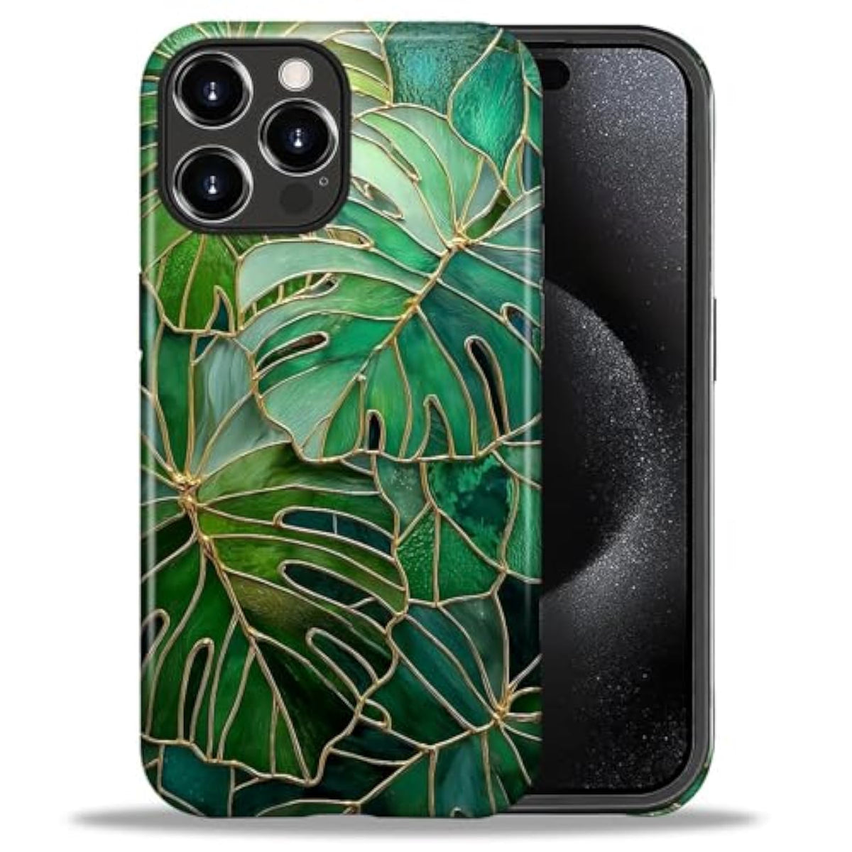 Case For Iphone 16 Pro,Stained Glass Style Monstera Leafs Design - Hybrid Dual Protection Soft Tpu + Hard Pc, Shockproof Anti-Scratch Cover Men Women Girl Stylish Phone Case