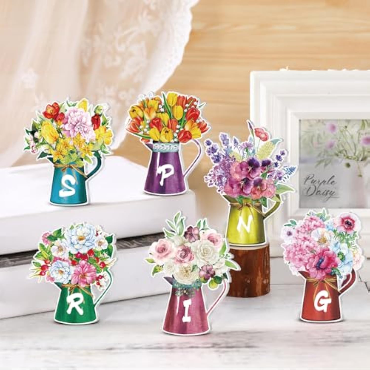 6 Pcs Spring Table Decorations For Home Spring Wood Block Watering Can Flower Tiered Tray Farmhouse Table Centerpiece For Home Kitchen Holiday