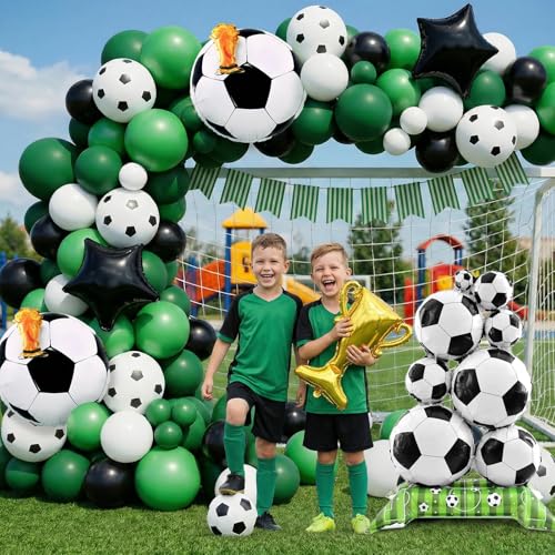 Soccer Balloon Garland Arch Kit,Soccer Party Decorations with Black and White Football Print Balloons Foil Football Exploding Star Balloon for Boys Soccer Sports Theme Birthday Party