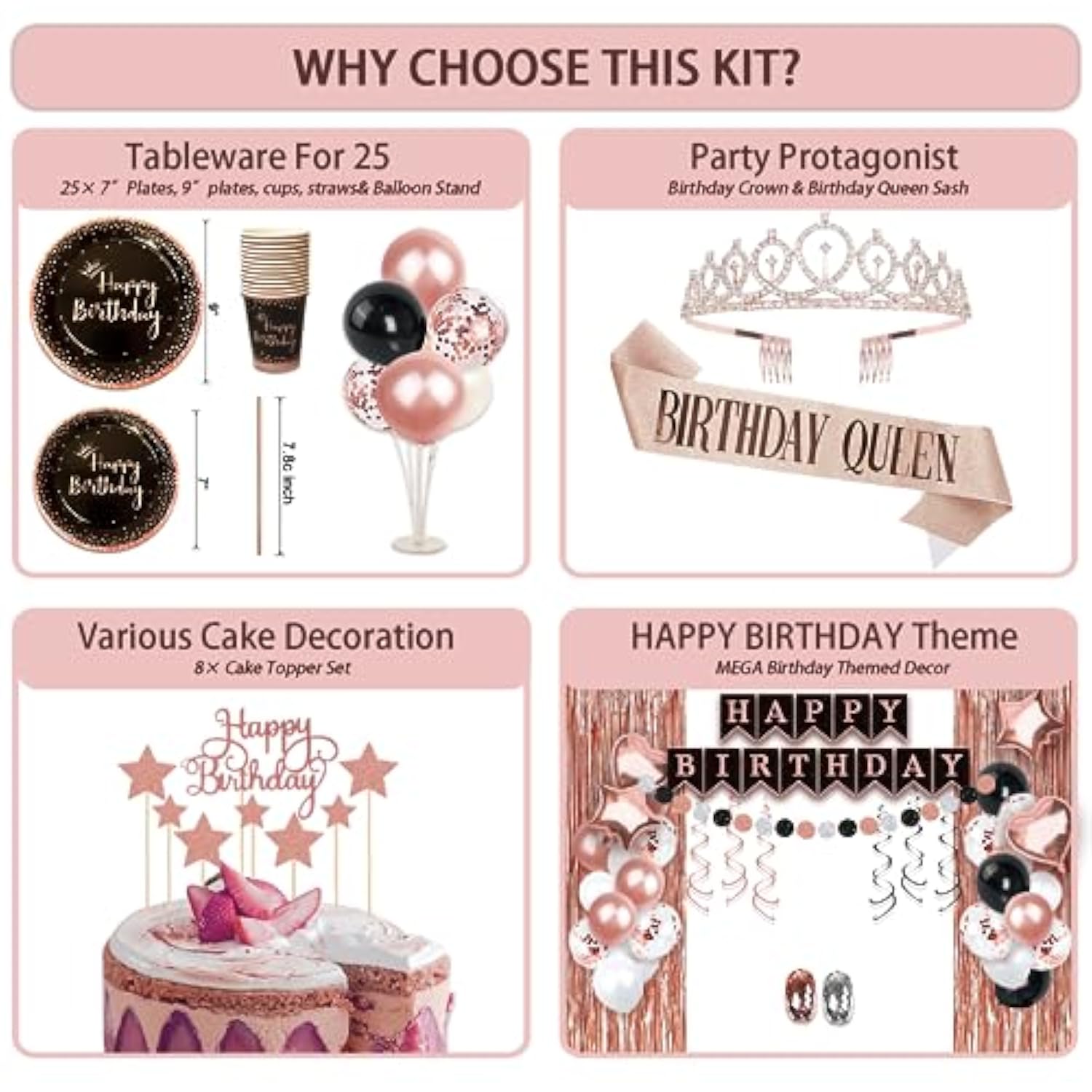 Birthday Decorations For Women, 229 Pcs Rose Gold And Black Happy Birthday Supplies - Disposable Dinnerware Set With 25 Guest, Balloons, Sash, Tiara, Banner, Fringe Curtain, Photo Booth Props