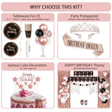 Birthday Decorations For Women, 229 Pcs Rose Gold And Black Happy Birthday Supplies - Disposable Dinnerware Set With 25 Guest, Balloons, Sash, Tiara, Banner, Fringe Curtain, Photo Booth Props