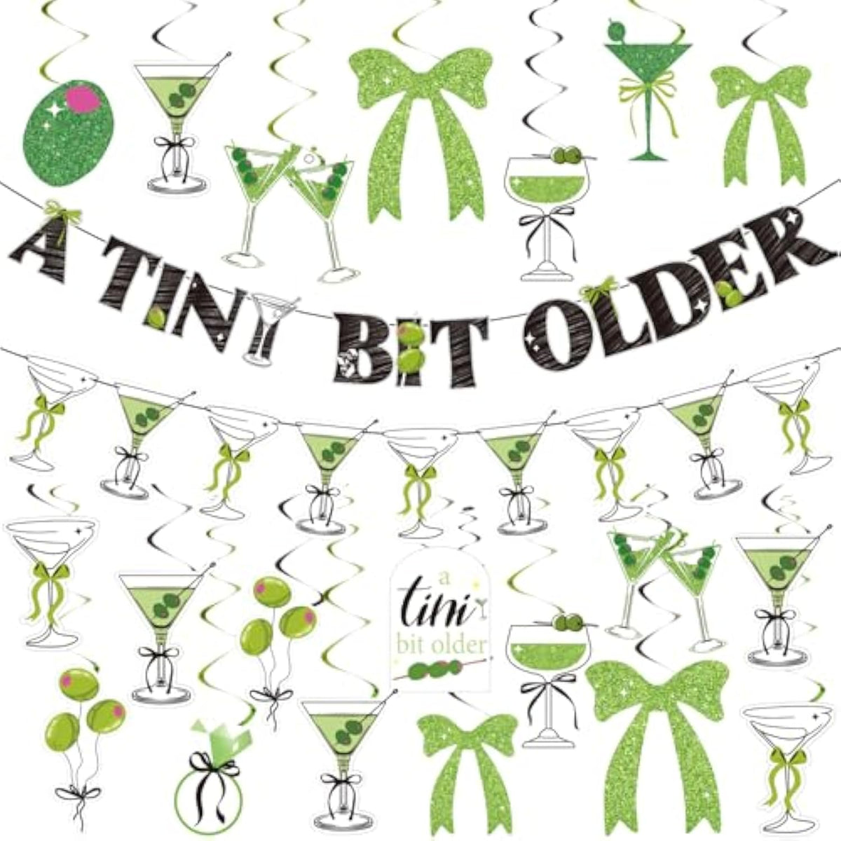 42Pcs A Tini Bit Older Birthday Banner With Hanging Swirls Bow Decorations Olive Green Martini Party Decorations For Women, Coffee Party, Summer Birthday Party.