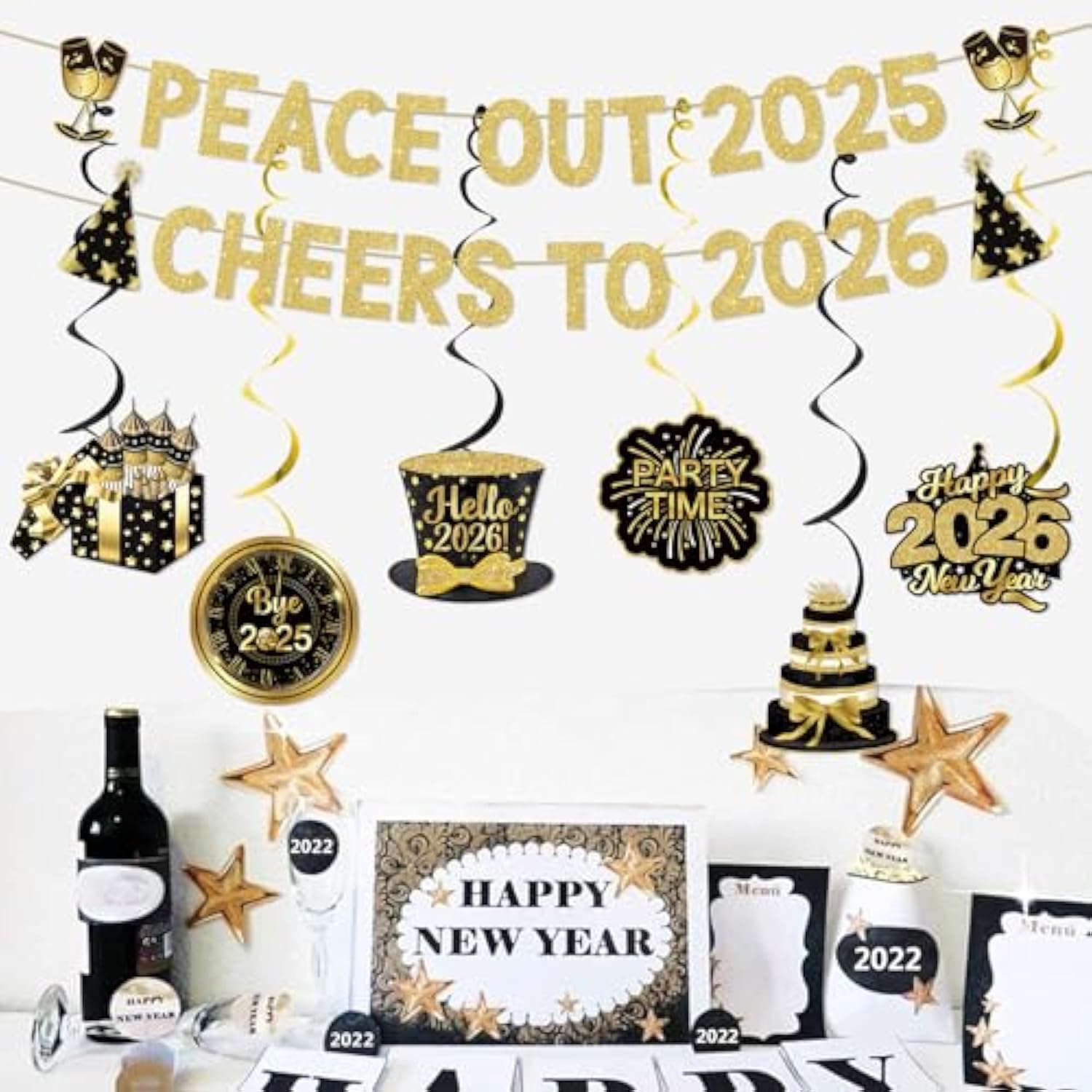 Peace Out 2025 Cheers to 2026 Gold Glitter Banner NYE Party Decor