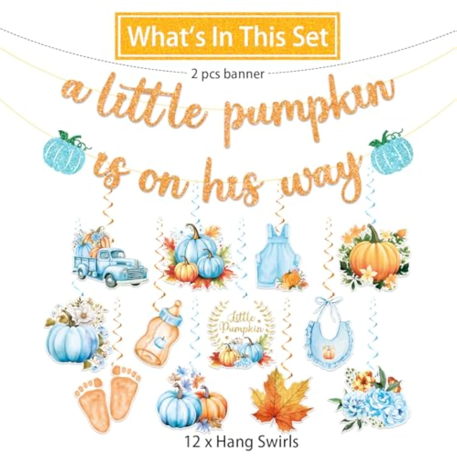 Little Pumpkin Baby Shower Decorations For Boy, Fall Blue Gender Reveal Decor, A Little Pumpkin Is On His Way Baby Shower Banner And Hanging Swirls