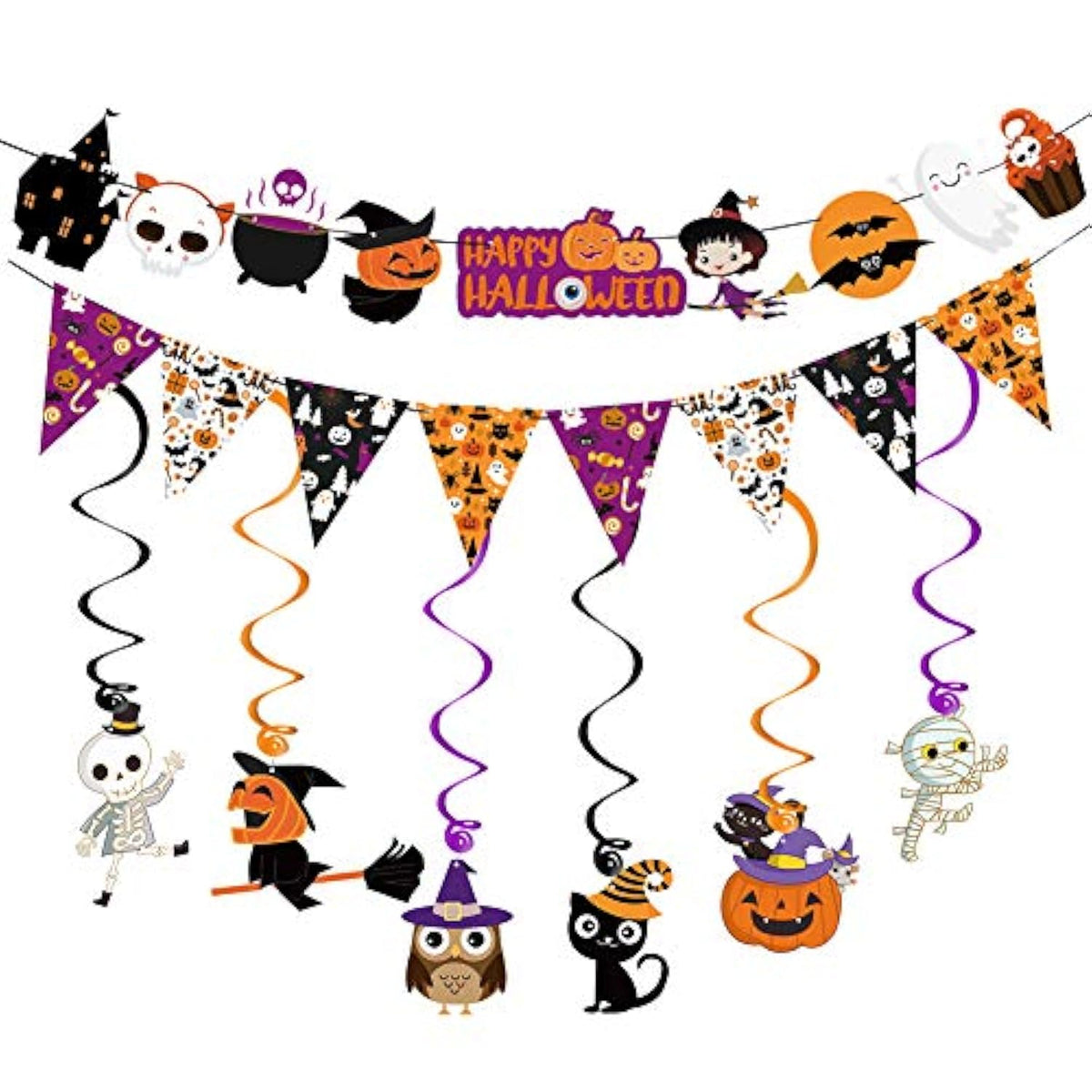2025 Halloween Banner Pre-Assembled Garland Triangle Flag Pumpkin Ghost Bat Party