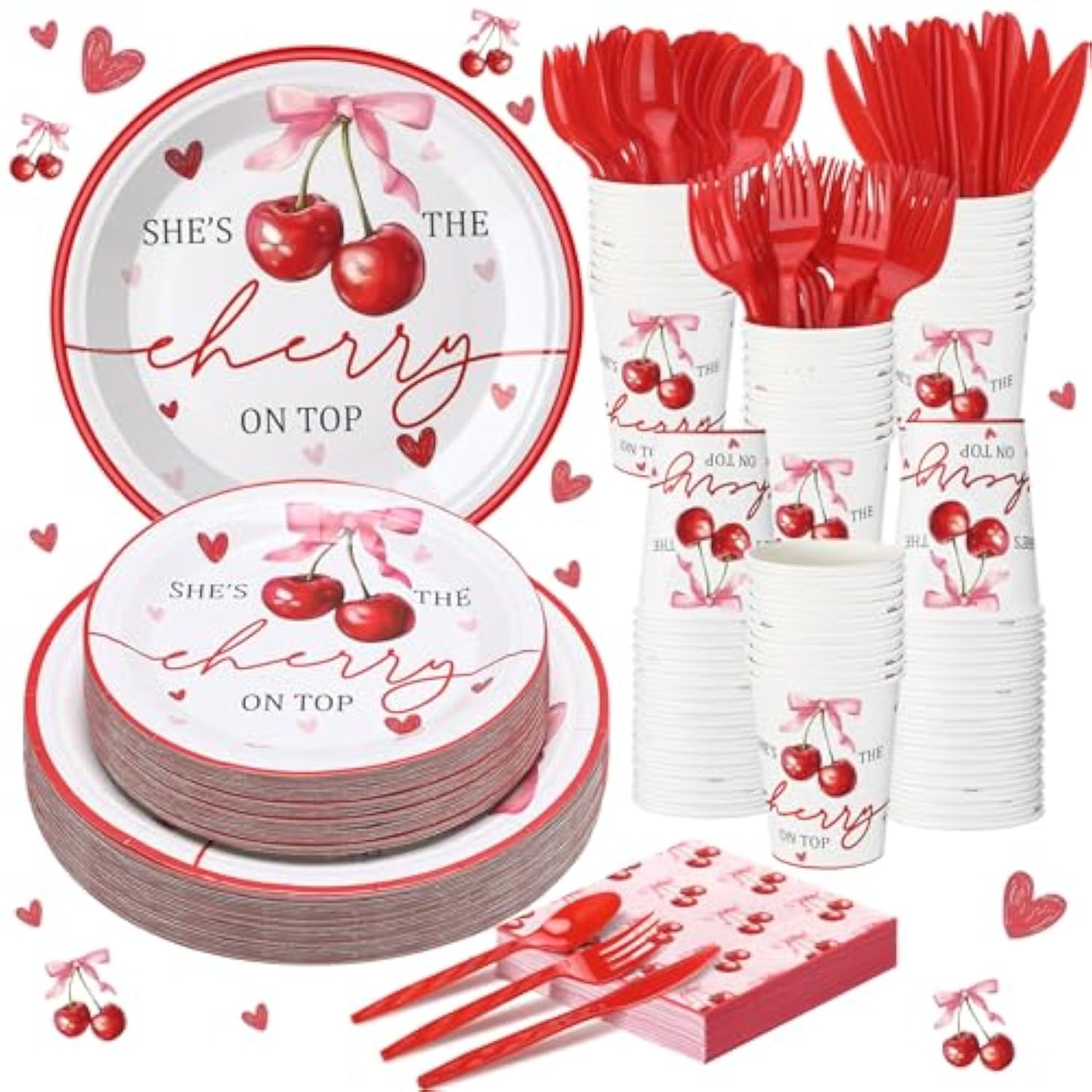 168Pcs She'S The Cherry On Top Paper Plates And Napkins Coquette Cherry Bow Baby Shower Party Supplies Decorations Tableware Include Plate Paper Napkin Cup For 24 Guests Bridal Wedding Birthday