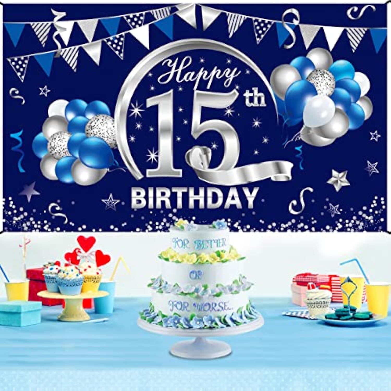 Blue Silver 15Th Birthday Banner Decorations For Boys, Happy 15 Birthd