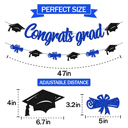 Congrats Grad Banner Class of 2026 Cap Diploma Themed Graduation Party Supplies for High School College Senior 2026 Celebratory Decorations (Blue)