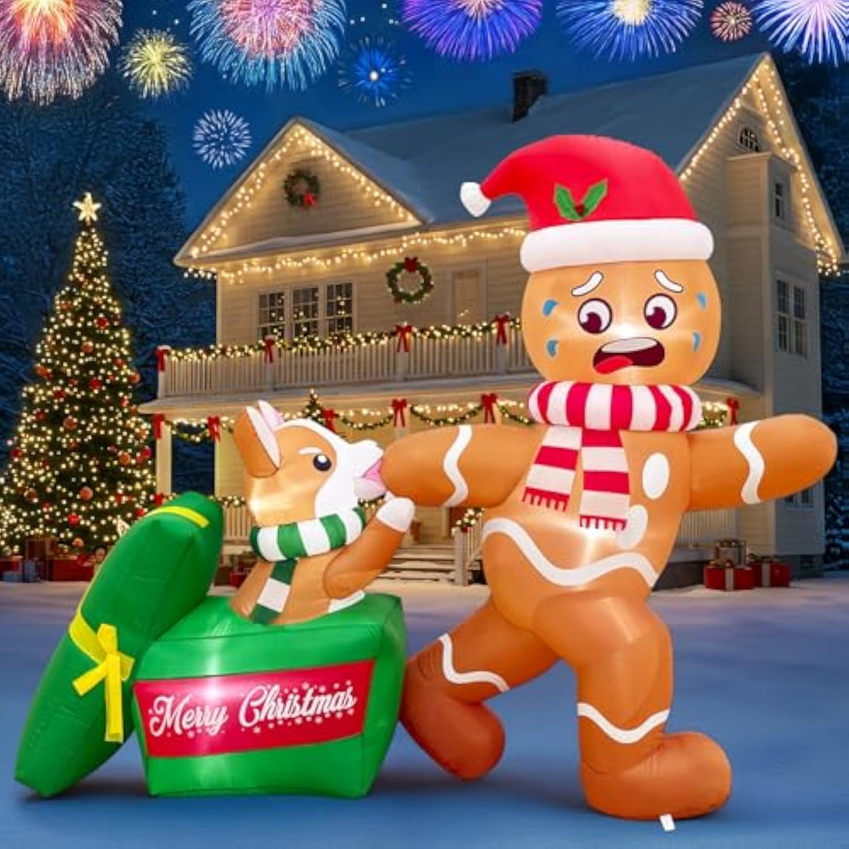 5 Ft Christmas Inflatable Outdoor Decoration, Dog Biting Gingerbread Inflatable With Led Lights, Funny Christmas Blow Up