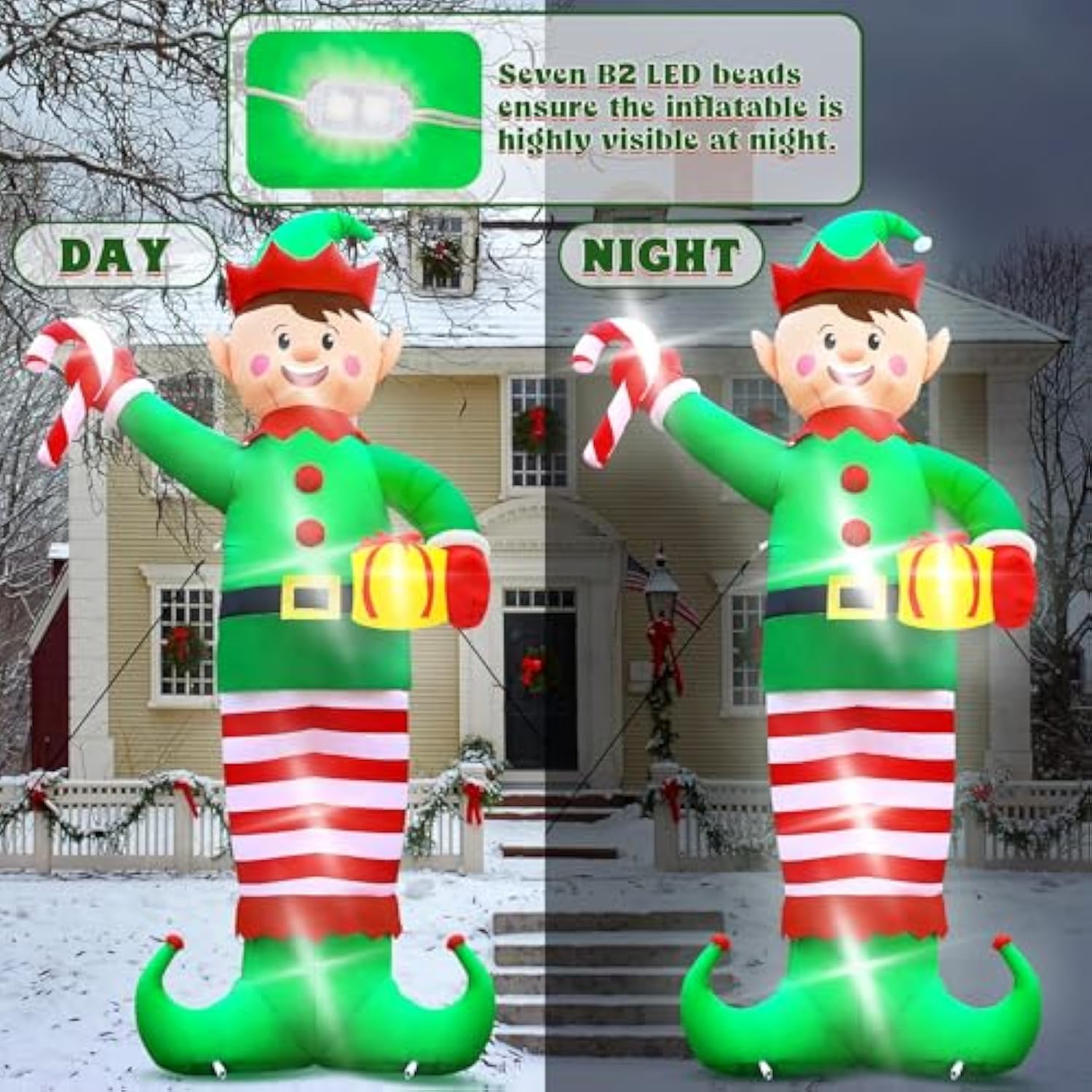 Christmas Inflatables, Giant 15 Ft Christmas Elf Inflatable Outdoor Decoration, Blow Up Xmas Elf Holding Box, Led Lighte