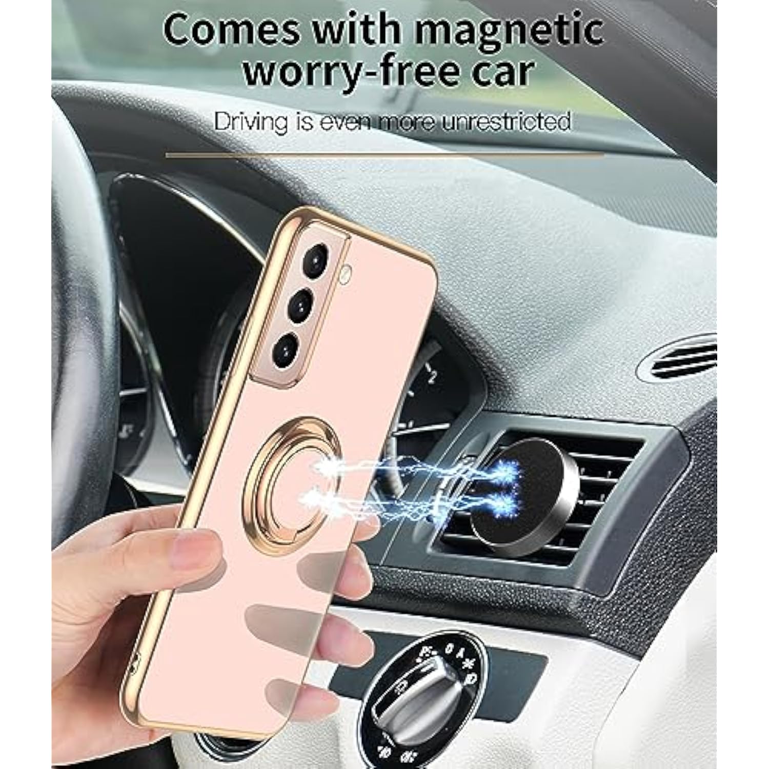For Samsung Galaxy S21 5G Case, With 2 Screen Protector, Built-In 360° Ring Holder Magnetic Stand, Luxury Electroplated Plating Edge Shockproof Protective Phone Cover, Rose Gold