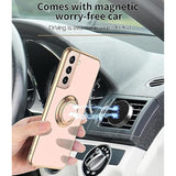 For Samsung Galaxy S21 5G Case, With 2 Screen Protector, Built-In 360° Ring Holder Magnetic Stand, Luxury Electroplated Plating Edge Shockproof Protective Phone Cover, Rose Gold