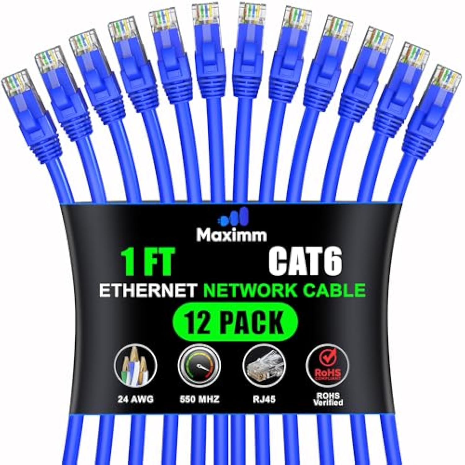 Maximm Cat 6 Ethernet Cable 1 Ft, (12-Pack) Cat6 Cable, LAN Cable, Internet Ca