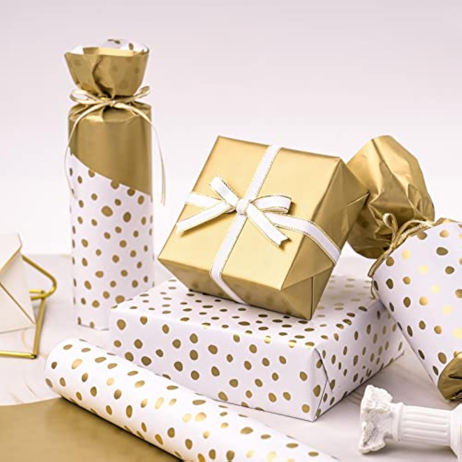 Reversible Gift Wrap 17"x33' – Gold Print & Polka Dots for Any Occasion