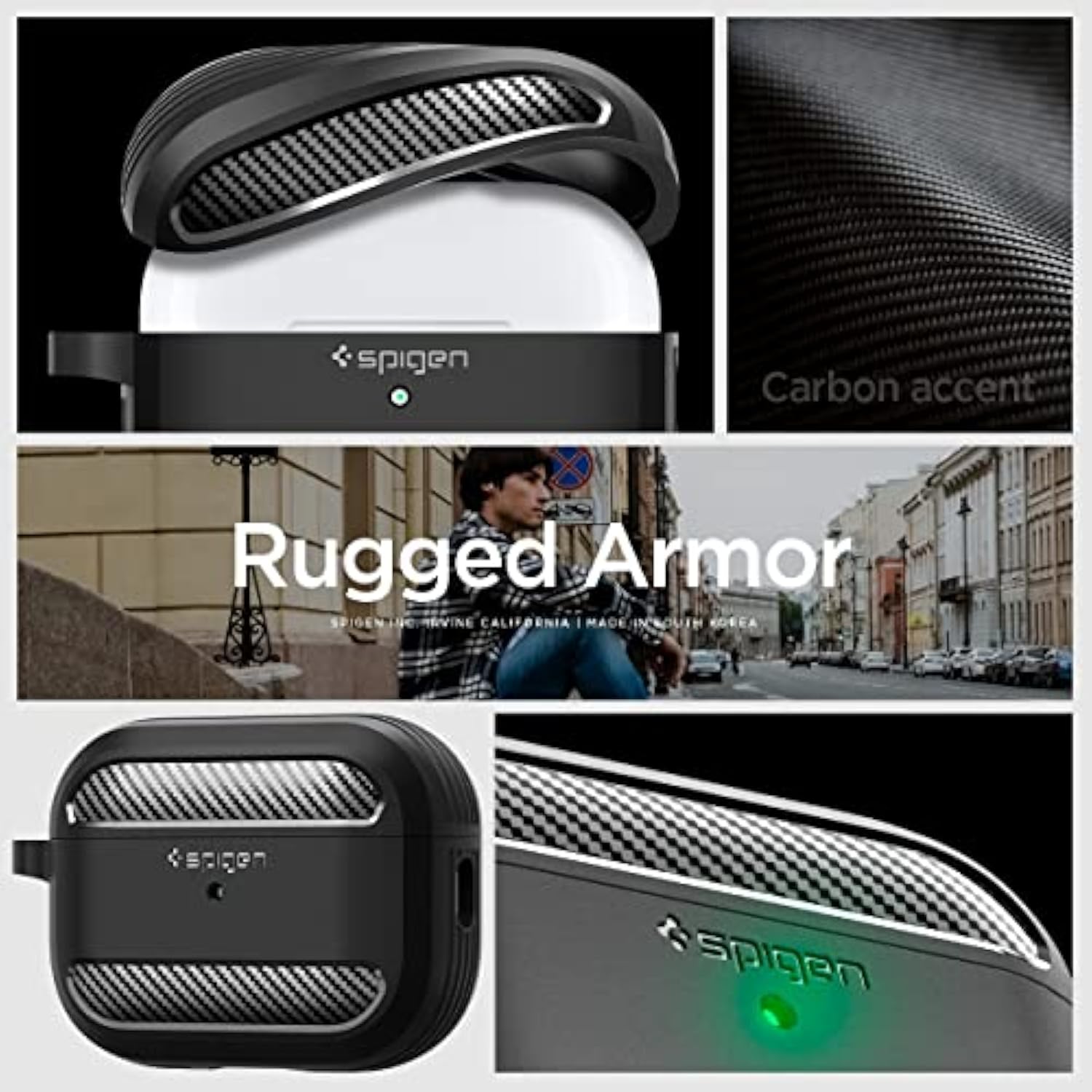 Spigen Rugged Armor Designed for AirPods Pro 2nd Generation Case 2022/2023 (USB-C/Lightning Cable) Cover with Keychain - Matte Black