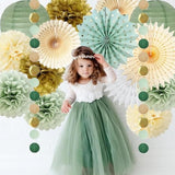Sage Green Gold Party Decorations Pom Poms Paper Fans Garland Decor
