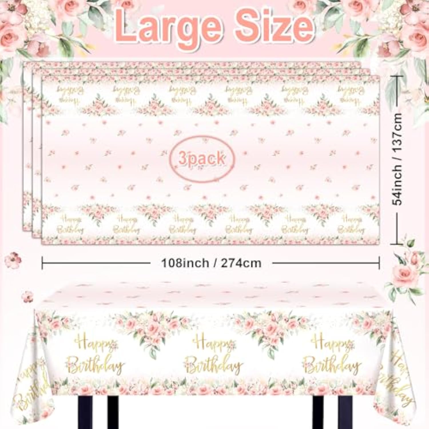 3 Pcs Rose Gold Pink Floral Happy Birthday Tablecloths 108x54 Inch