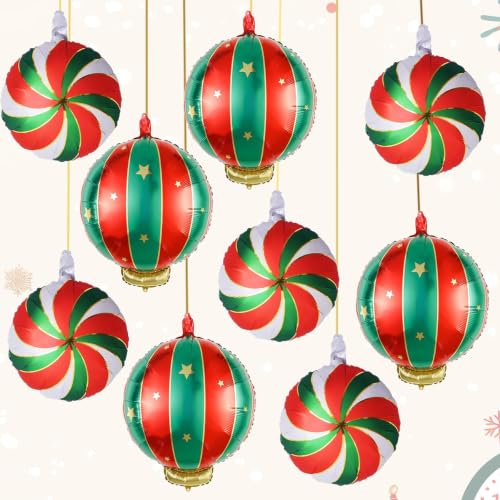 Christmas Foil Balloons, 9PCS Xmas Round Candy Lollipop Foil Balloons and Christmas Hanging Ball Mylar Balloons, Red Green Gold Xmas Sweetland Decorations for New Year Candies Party Decor
