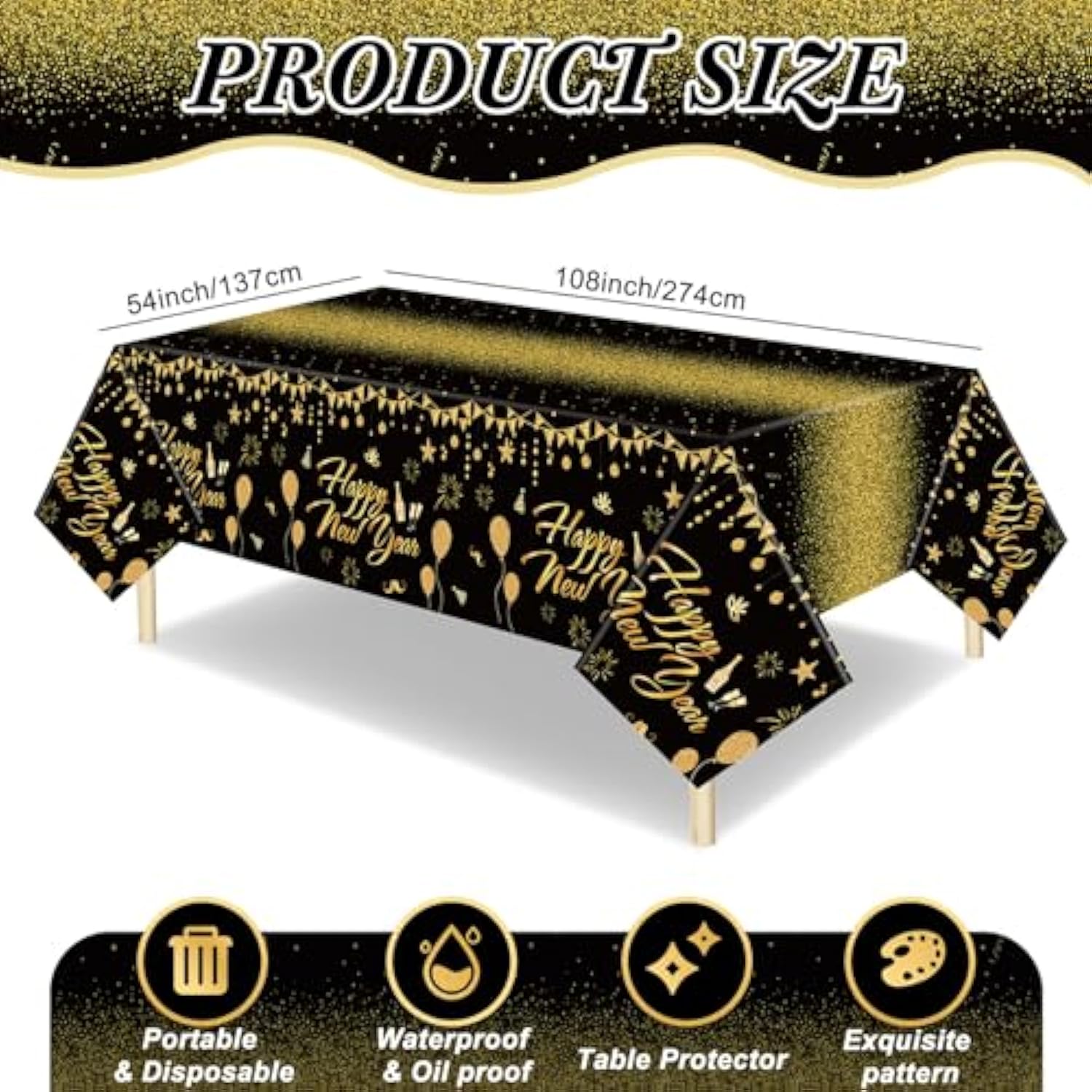3 Pcs Happy New Year 2026 Tablecloths 54x108in Black Gold Disposable