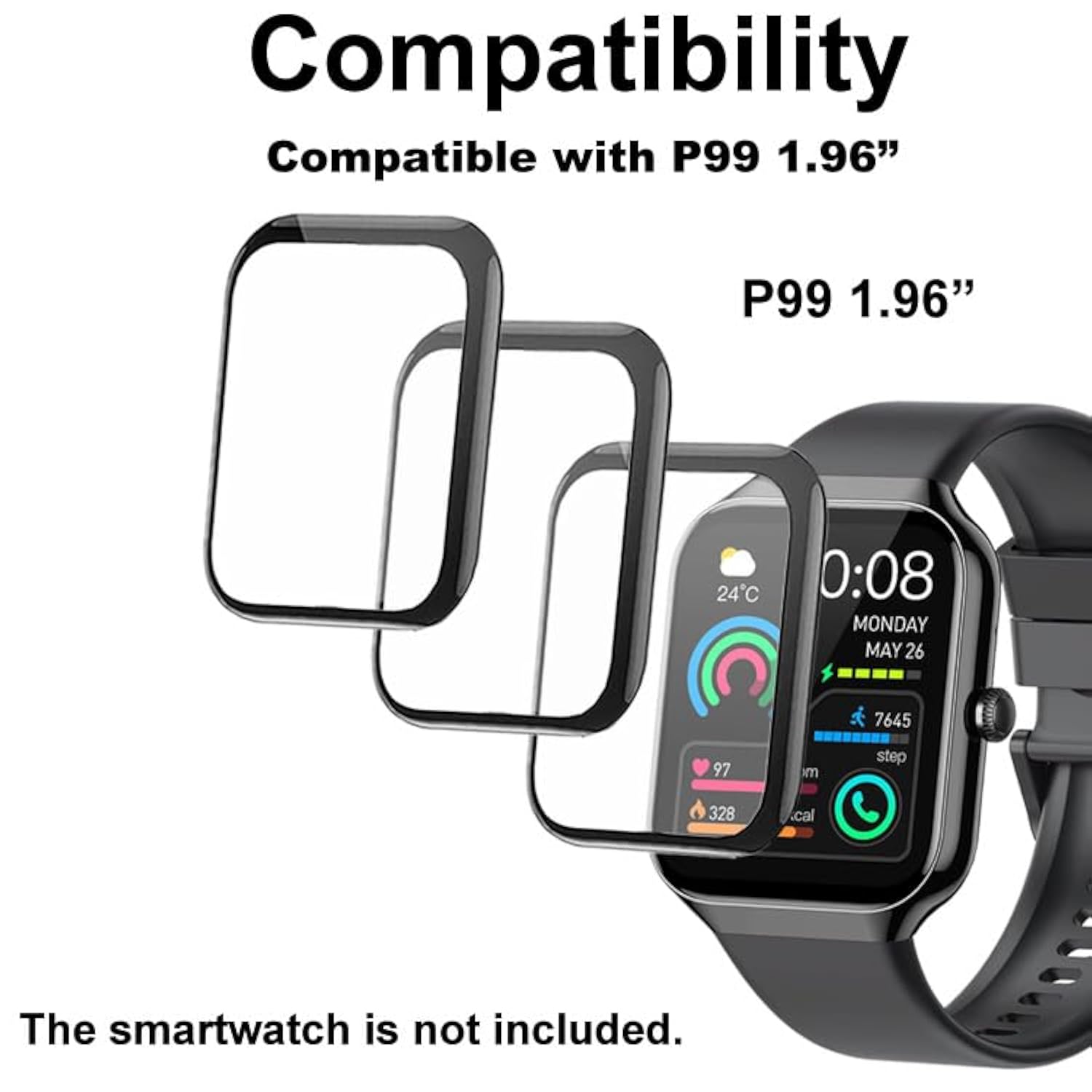 3D Screen Protectors Compatible With Motast Jugeman 1.96” P99 Smart Watch, 3 Piece, Full Coverage, Anti-Shatter, With Non-Slip Pad Sticker