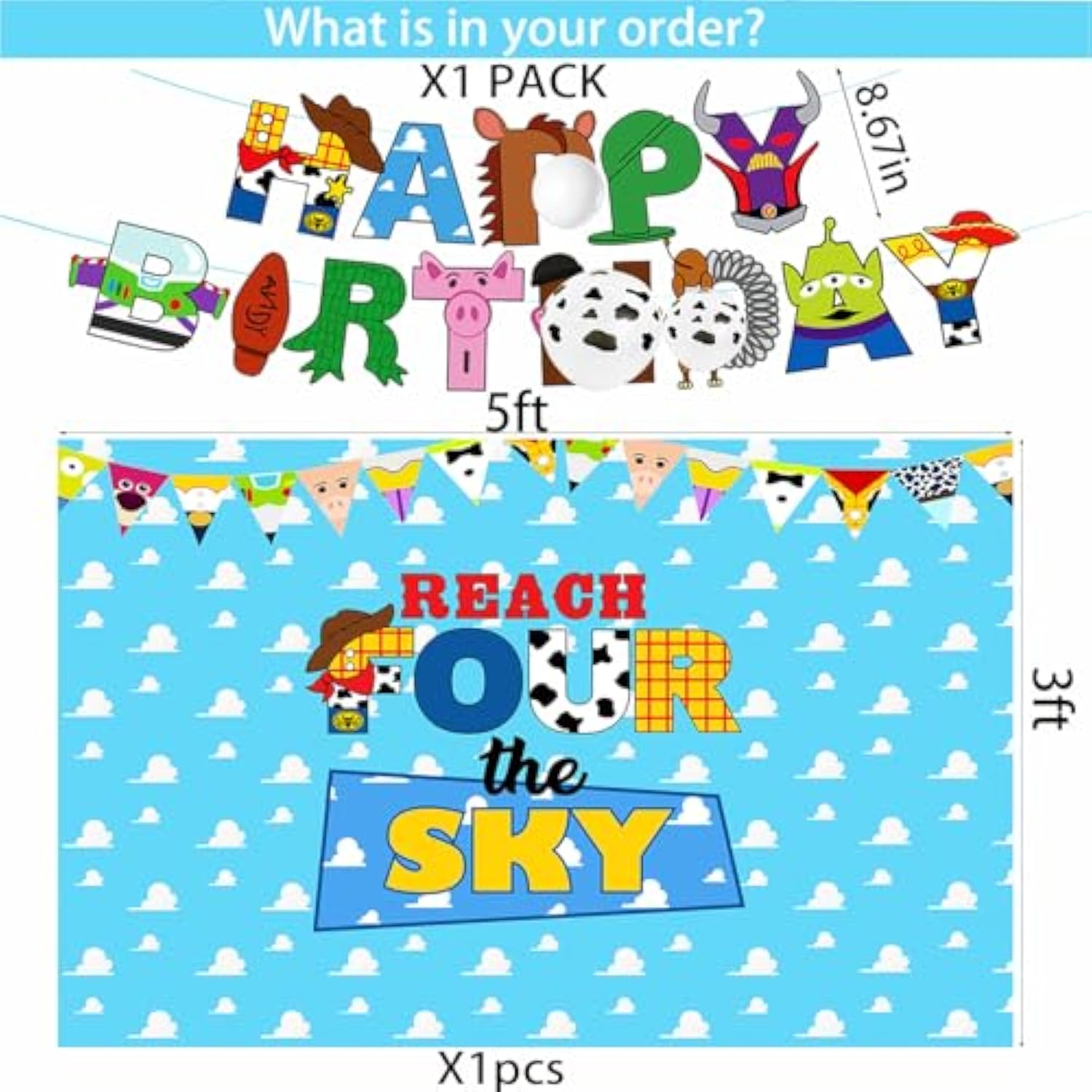 4th Birthday Party Set: "Reach Four the Sky" Banner, Cake Toppers, Balloons