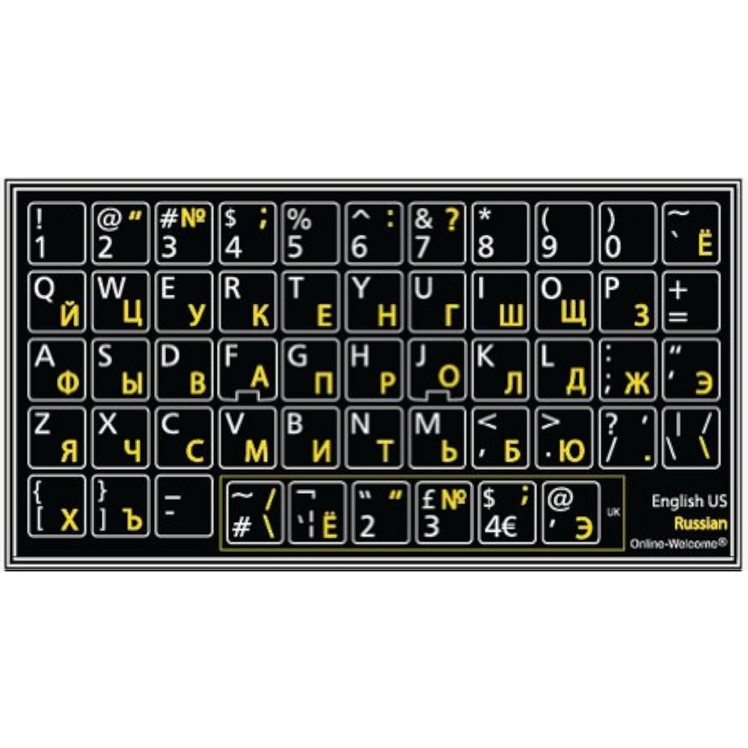 Online-Welcome Russian-English Keyboard Stickers Non Transparent Black Backgro