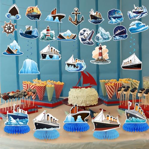 Nautical Themed Birthday Party Decorations for Ocean Ferry Banner Backdrop Honeycomb Centerpiece Hanging Swirl for Cruise Ship Party Supplies Decor