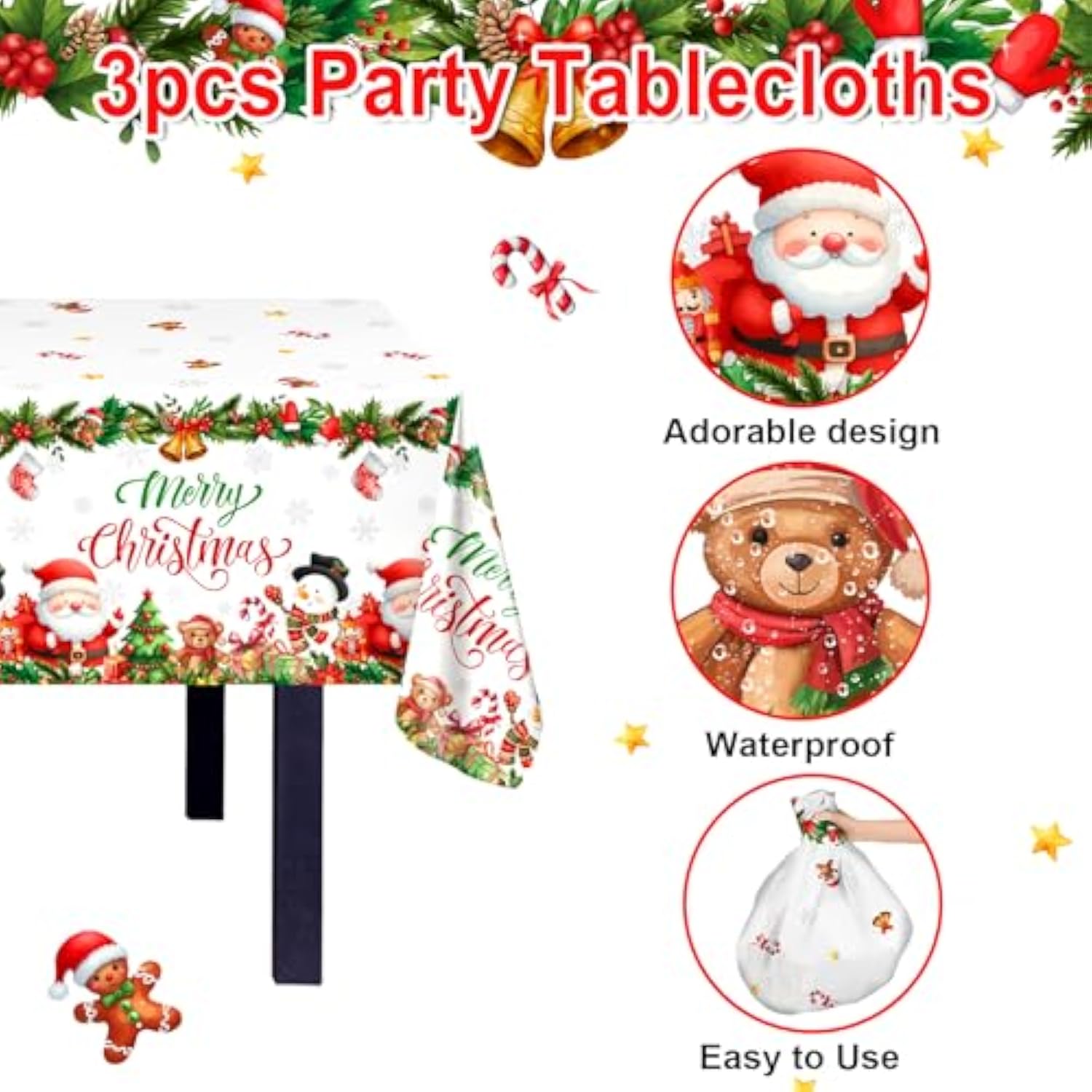 3 Pcs Merry Christmas Tablecloth Christmas Party Table Cover Santa Snowman Gingerbread Table Cloth For Xmas Holiday Party Decorations 108 X 54 Inch