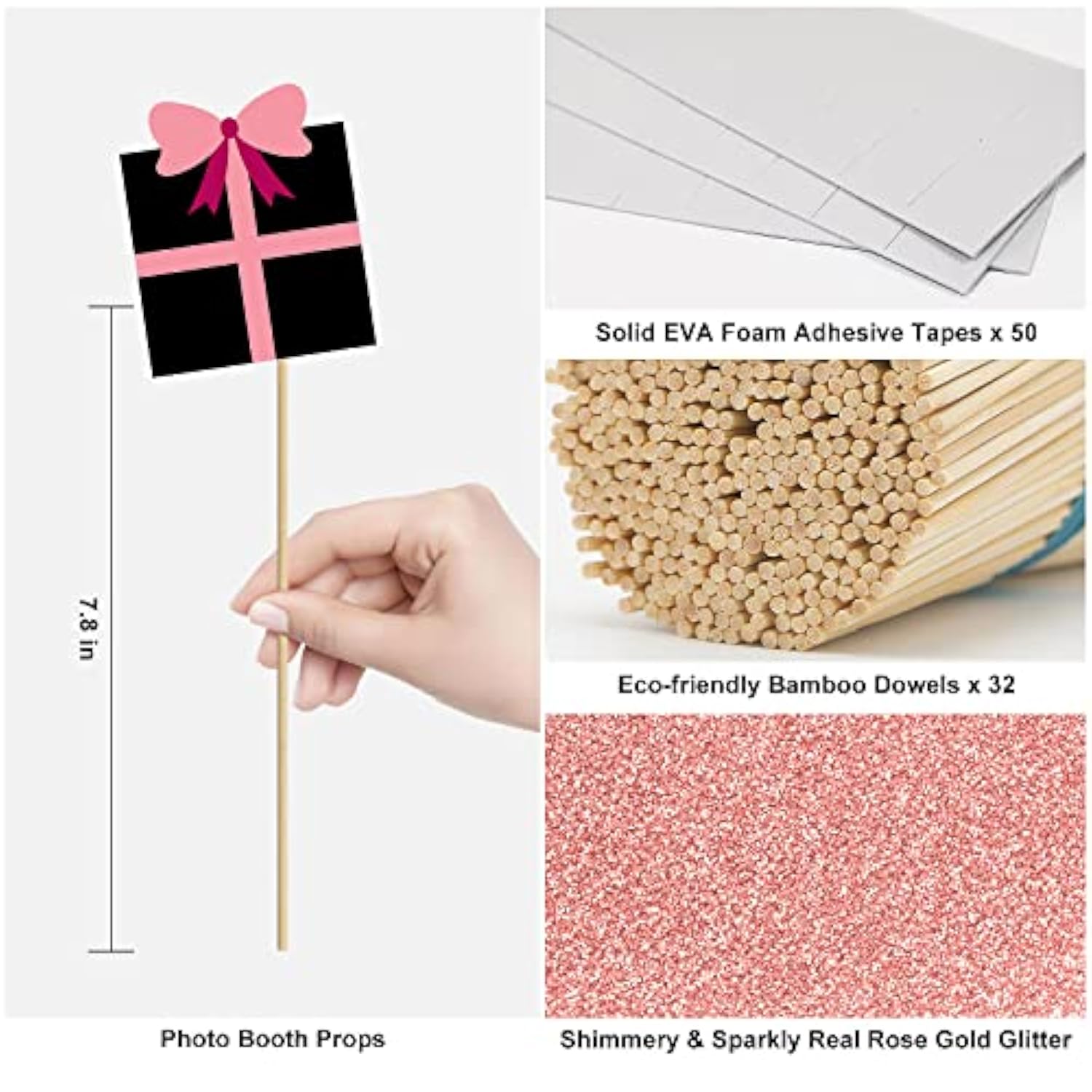 30 Pcs Rose Gold Birthday Photo Booth Props Kit with Real Glitter Designs