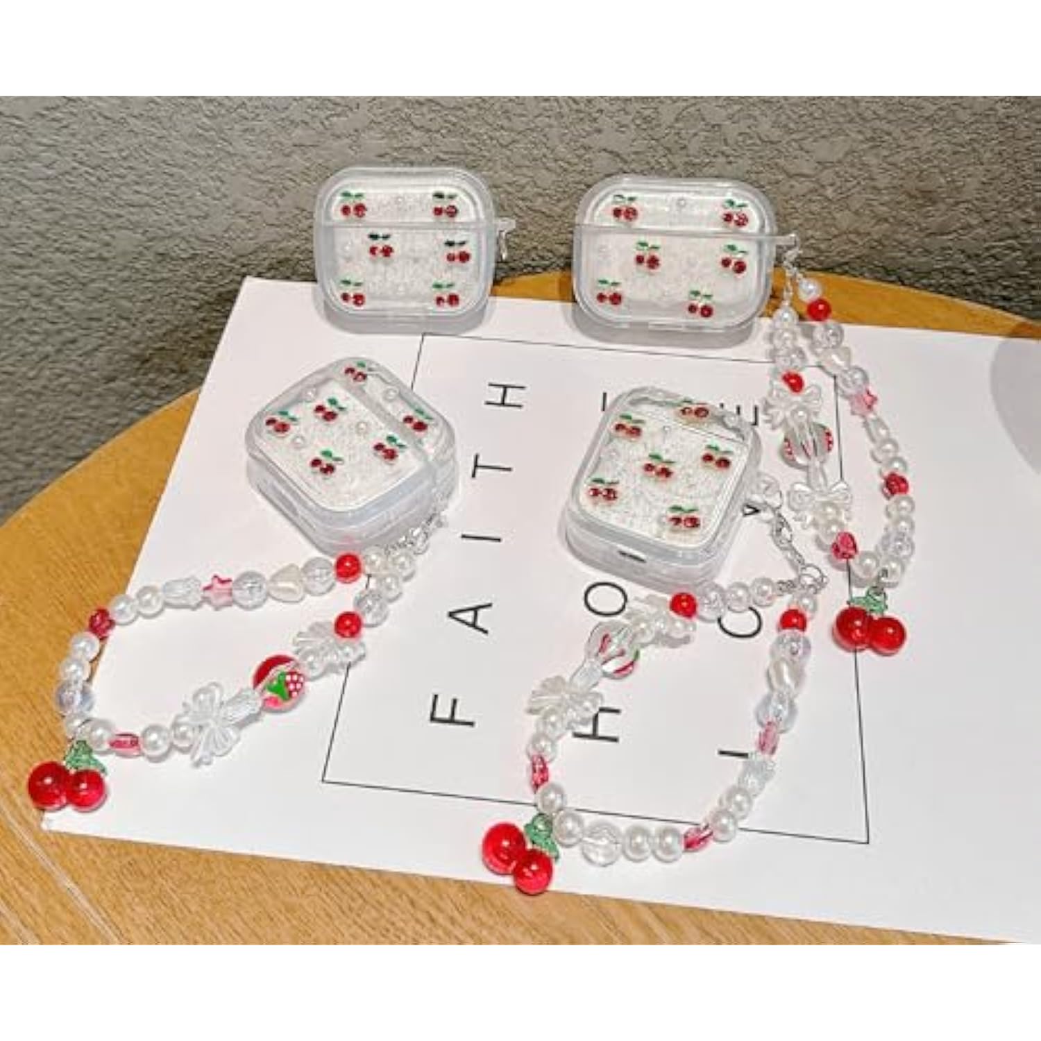 3D Cherry Case With Keychain For Airpods 4,Clear Diamonds Aesthetic Shockproof Cover With Cute Pearl Strap Keychain For Women Girls Protective Cover