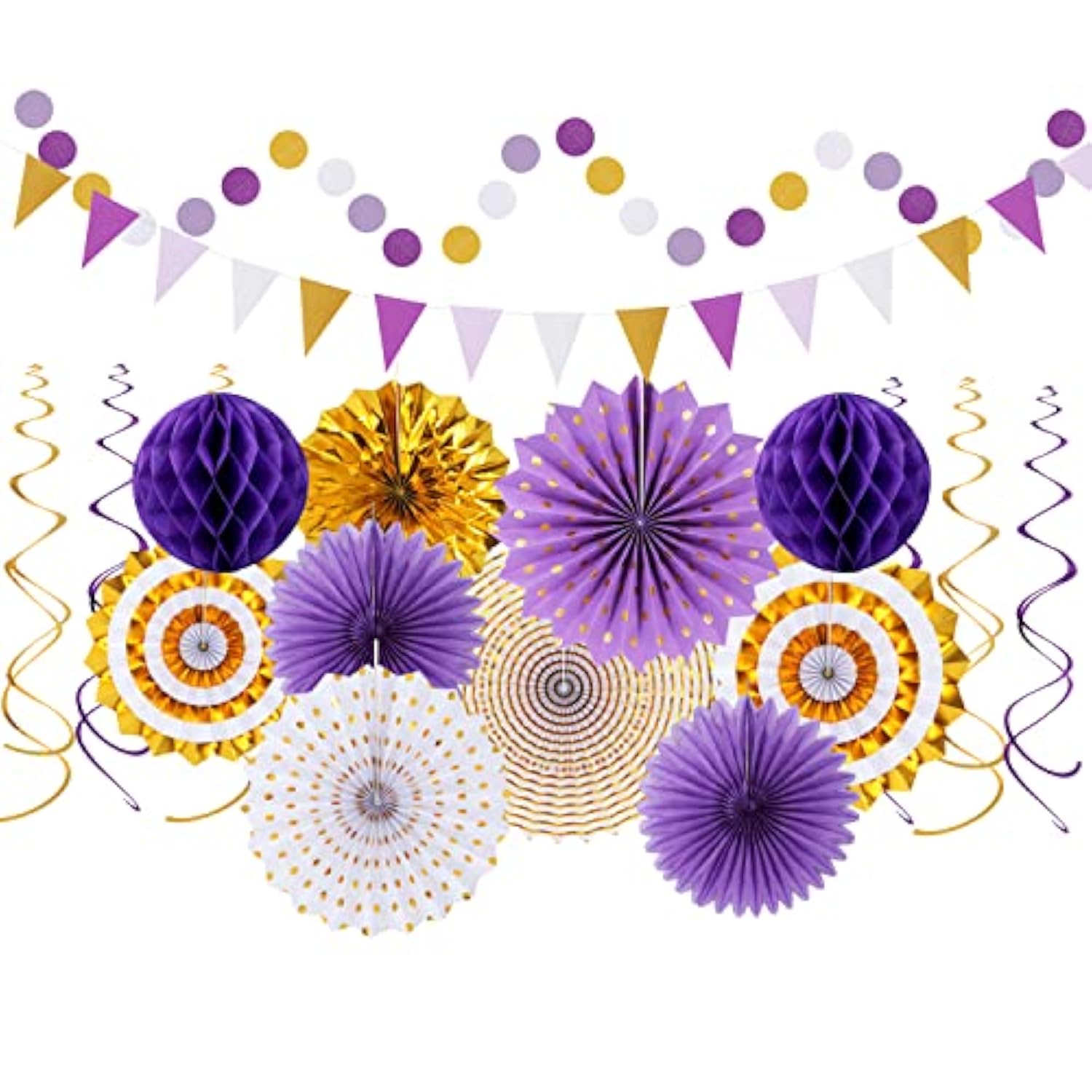 Purple-Gold Graduation Party-Decoration - 33Pcs Kits Banner, Streamers Tassel Garland,Tissue Pom Poms Honeycomb, Paper Lantern Fans,Wedding Girl Birthday Baby Bridal Shower Decor