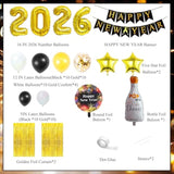 2026 New Year Party Set with Balloons, Banner, and Fringe Curtain in Gold and Black