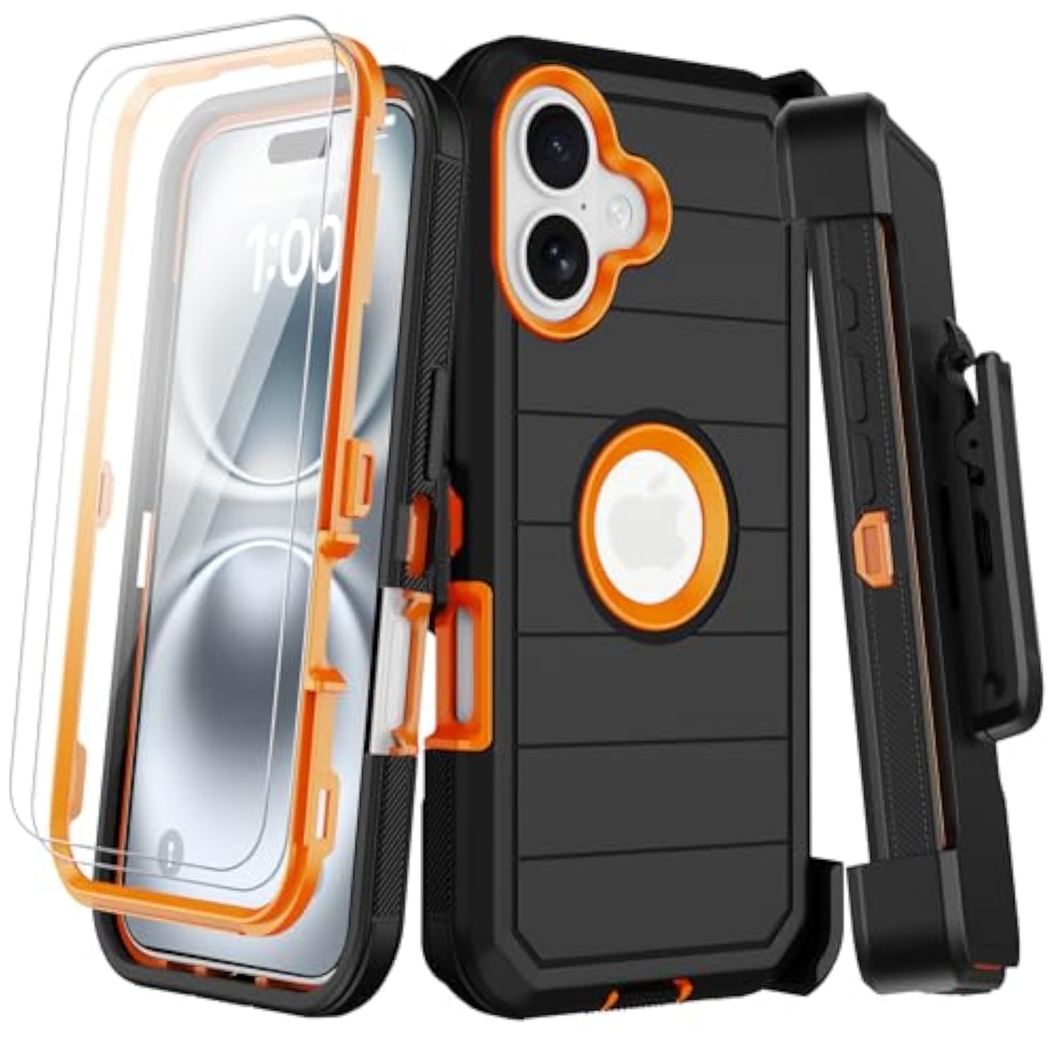 Heavy Duty Shockproof iPhone 16 Case with Belt Clip Holster, 2X Screen Protectors, 3 Layers Full Covered Rugged Durable Phone Cover with Kickstand 6.1" Black Orange
