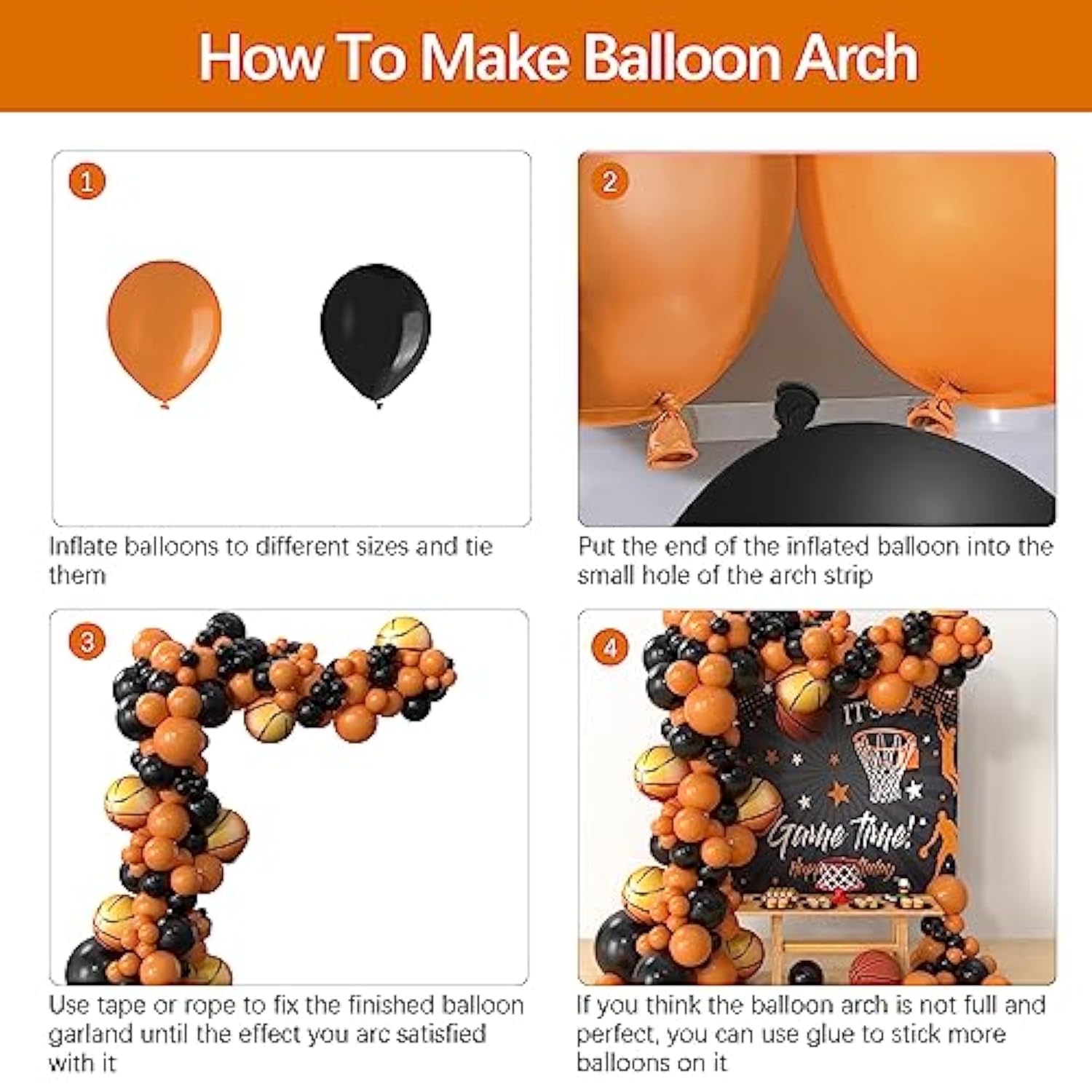 Basketball Decorations - 132 Pcs Sports Party Supplies, Black & Orange Latex Balloon Arch Kit For Baby Shower, Birthday Parties