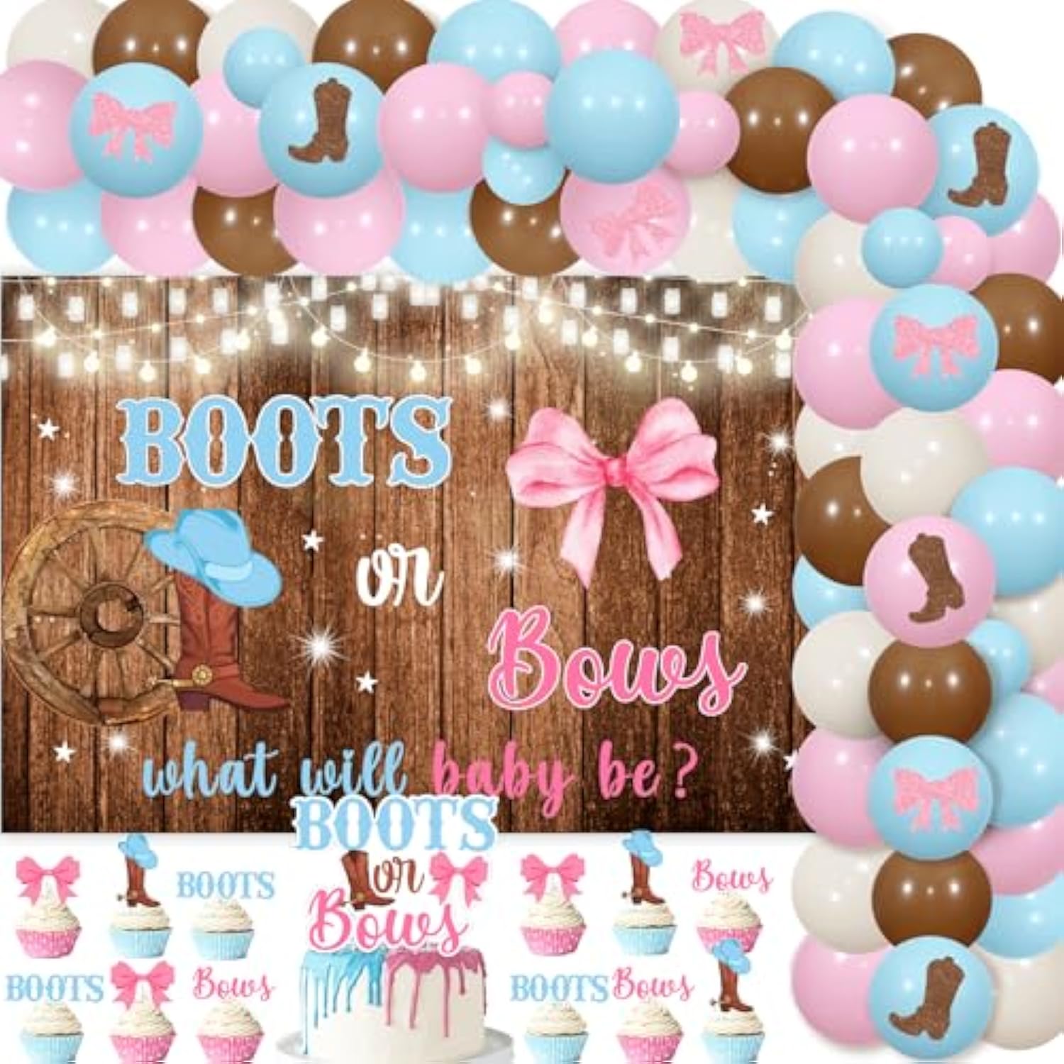 Boots Or Bows Gender Reveal Decorations, Balloons Arch Kit What Will Baby Be He Or She Backdrop Cake Cupcake Toppers Stickers For Western Cowgirl Gender Reveal Decorations