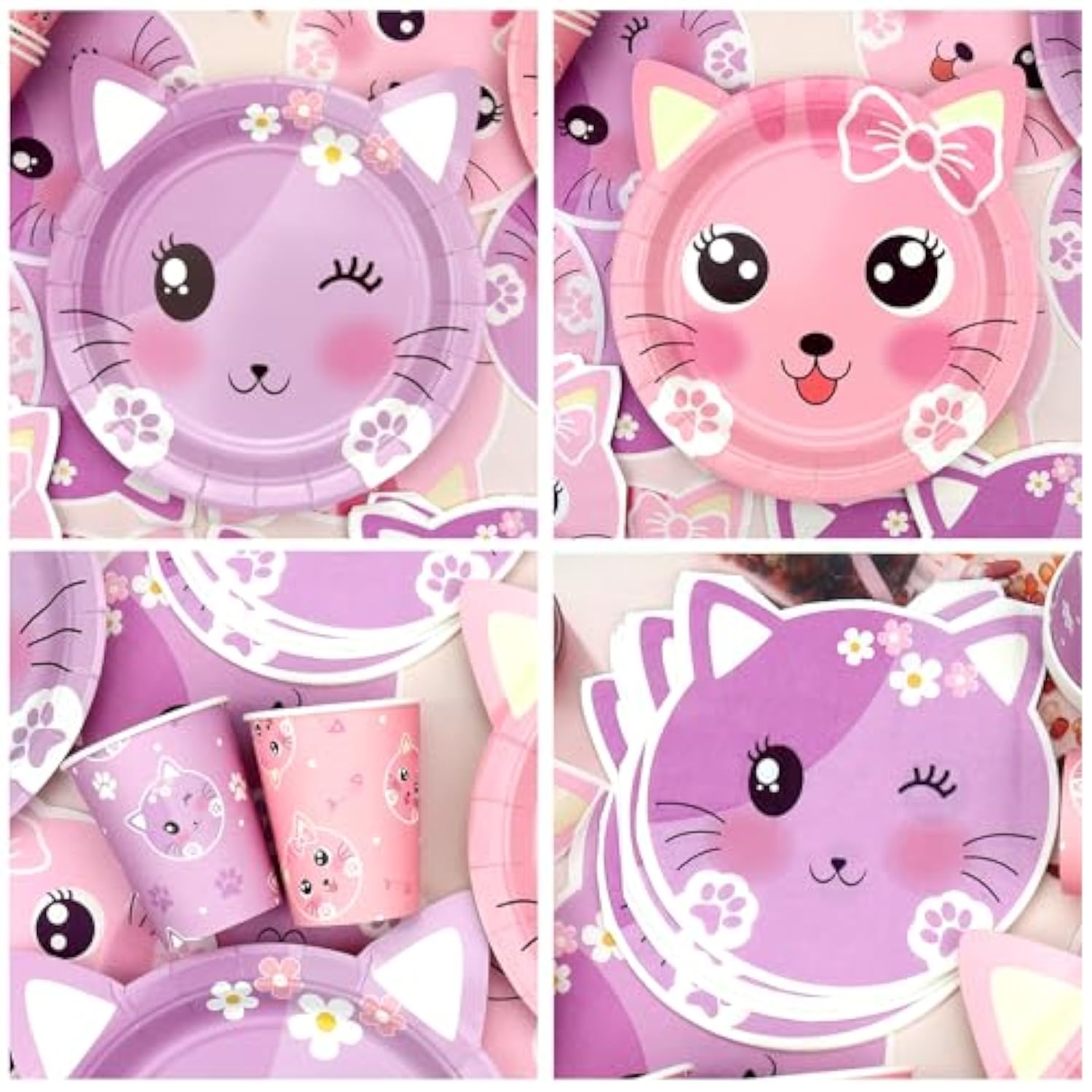 Cat Birthday Party Supplies Set, Kitten Tableware Includes Plates, Tablecloth, Cups, Forks And Straws For Kids Cat Party Decorations, Serves 20 Guest (A)