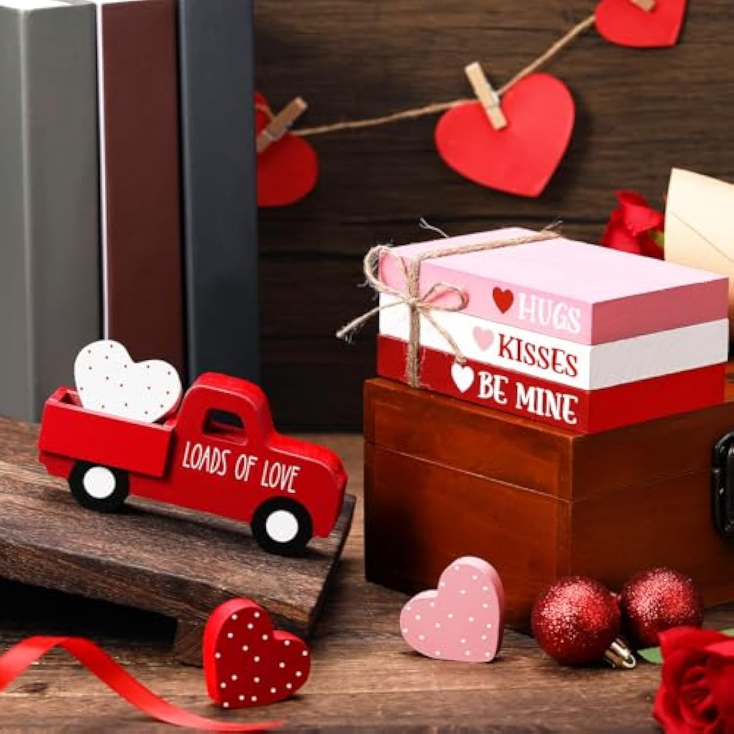 7 Pcs Valentine'S Day Table Decorations Valentines Tiered Tray Decor Faux Book Bundle With Twine Red Truck Table Centerpiece Farmhouse Heart Wooden Sign For Home Indoor Party Bookshelf Gift