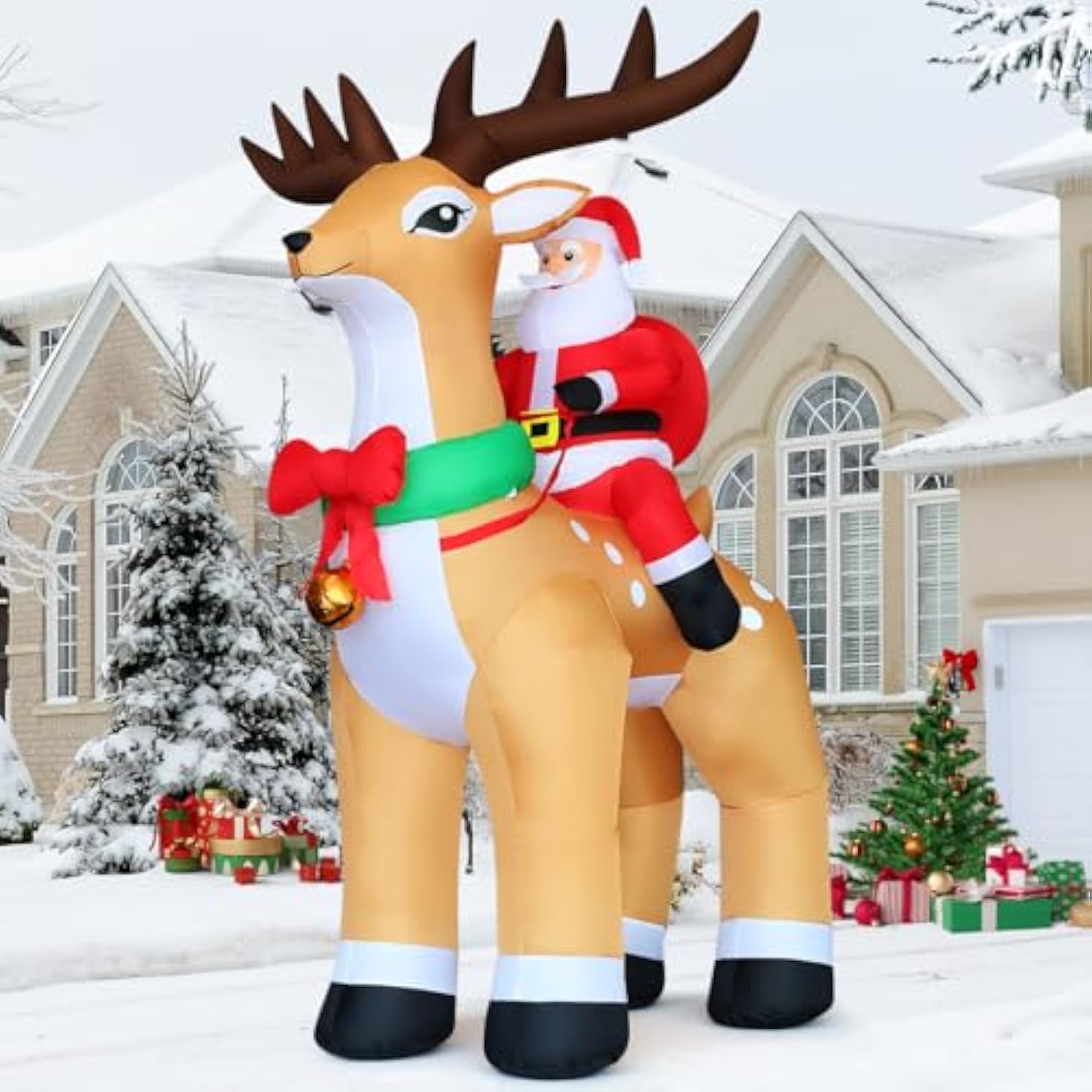 9.8Ft Christmas Inflatables Outdoor Decorations Santa Riding Reindeer,Blow Up Santa Claus With Built-In Led Lights For C