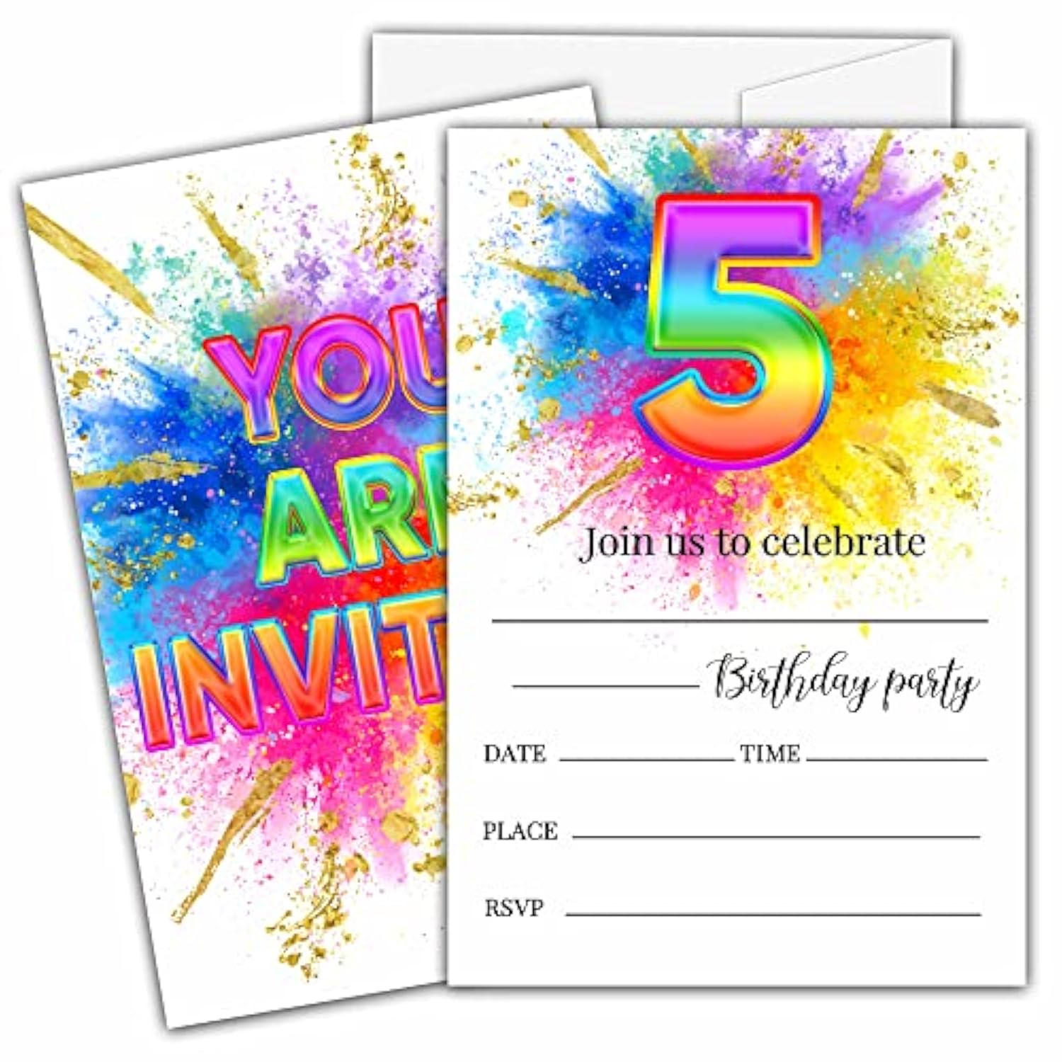 5Th Birthday Invitations For Kids, Rainbow Painting Birthday Party Invitation Cards, Gold Foil Party Celebration Supplies Decoration -20 Fill In Invitations With Envelopes (A01)