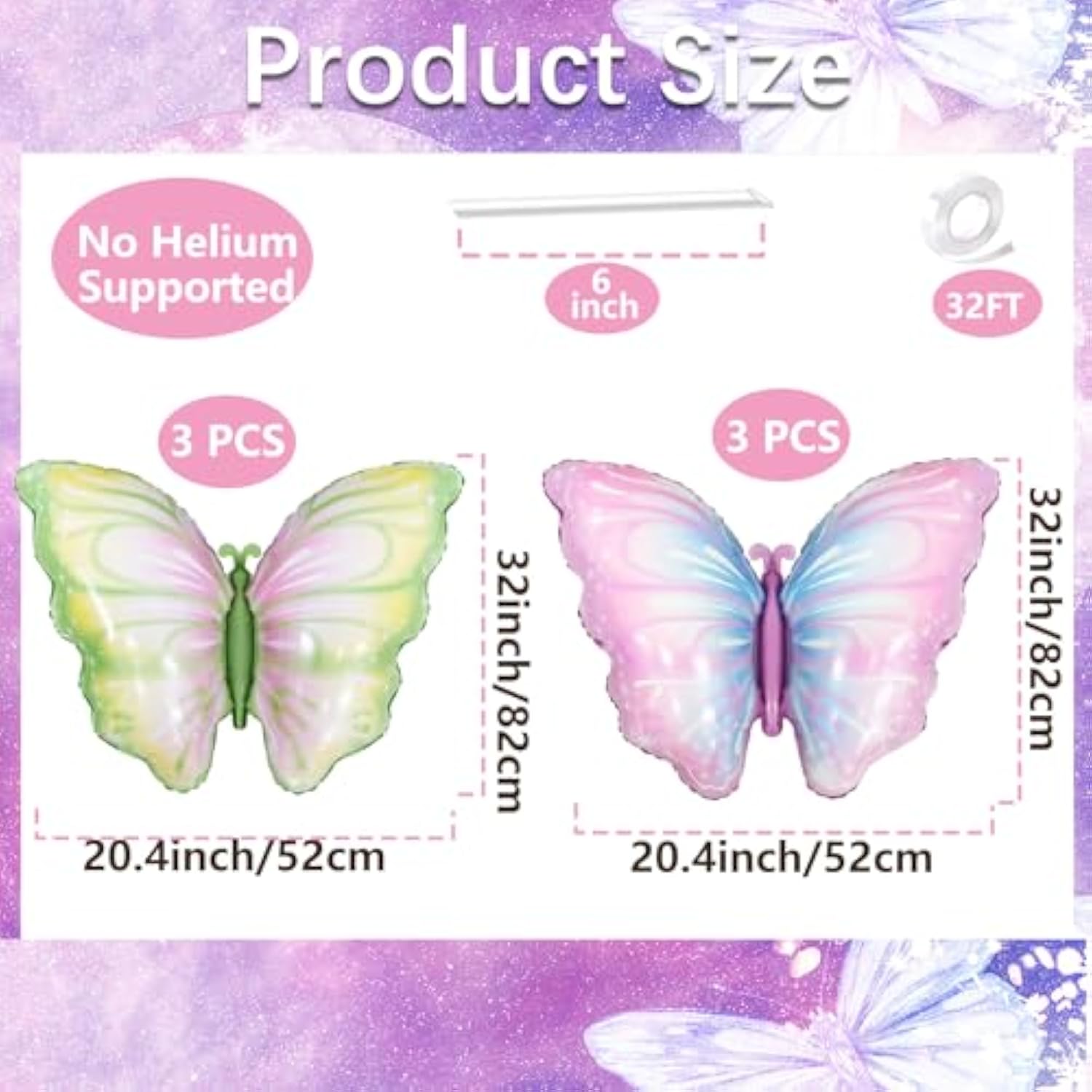 6 Pieces 32 Inches Pastel Butterfly Balloons – Mixed Set Of Iridescent Gradient Foil Mylar Balloons In Blue Green And Pink Purple For Birthday, Baby Shower, Garden Party, Spring Decorations