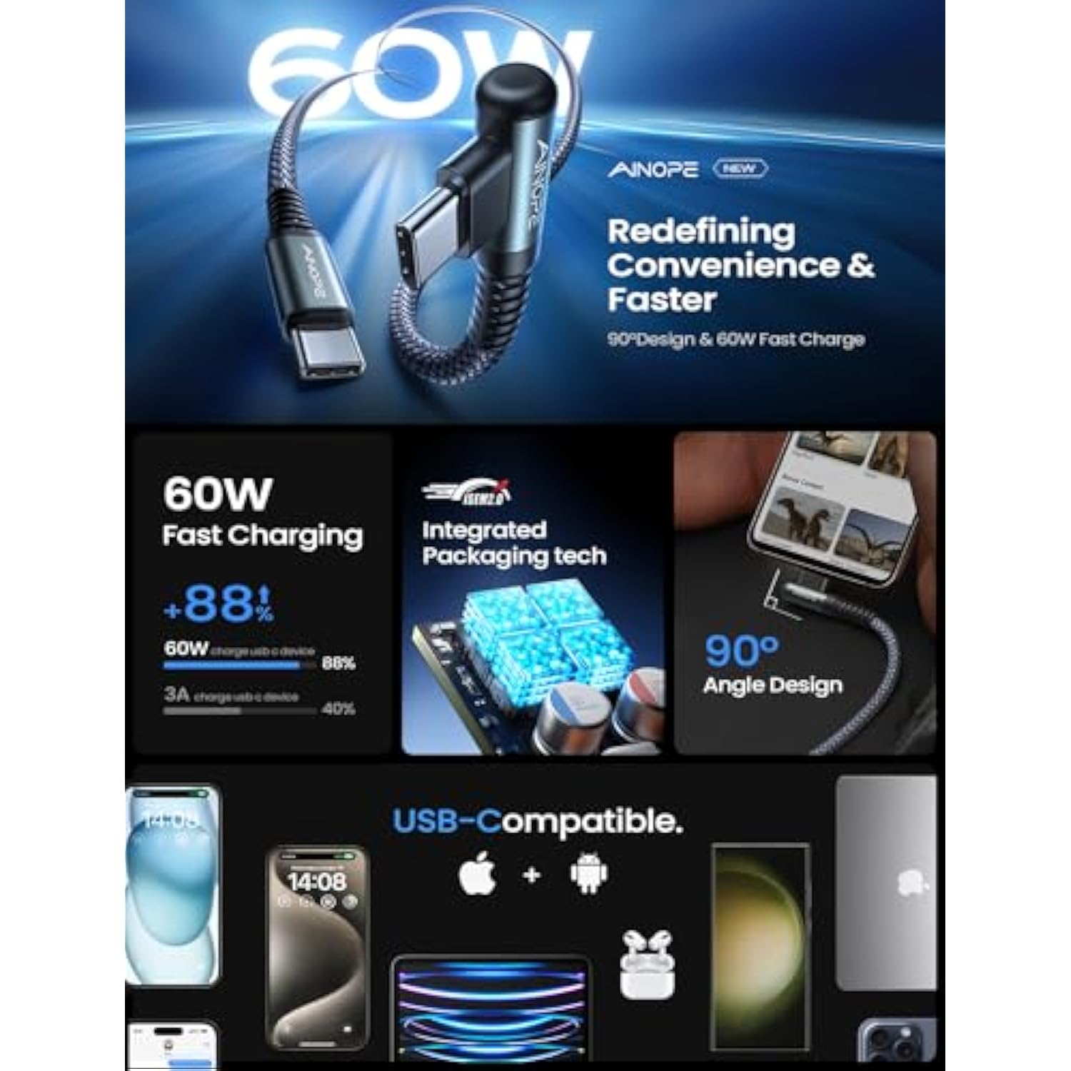60W 4-Pack Type C To Type C Cable, Right Angle Super Fast Charging Usbc To Usb