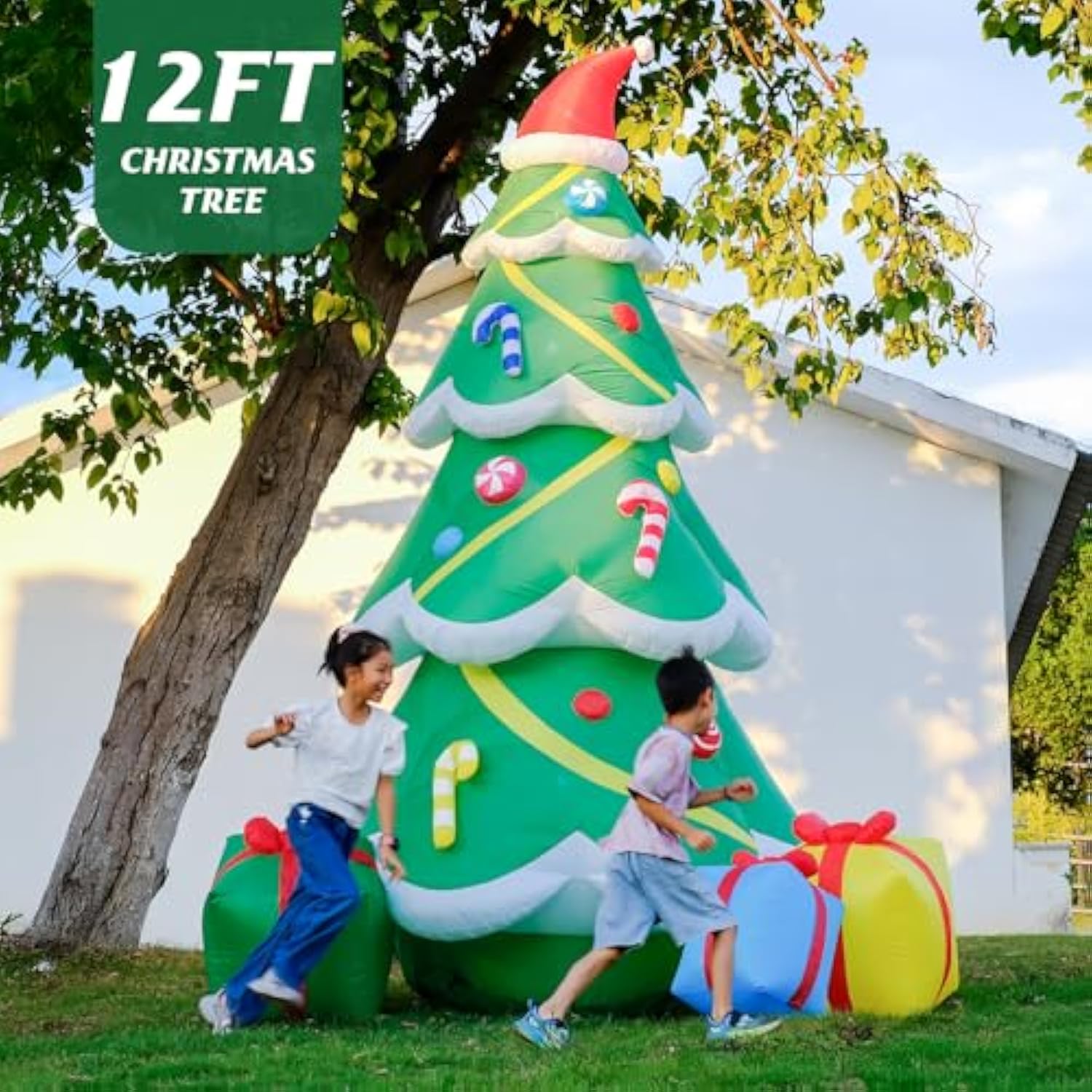 12Ft Giant Christmas Inflatables Outdoor Decorations - Large Blow Up Christmas Tree With Gift Boxes - Rotating Led Lights Inflatable Xmas Decor For Yard Lawn Garden Holiday Party