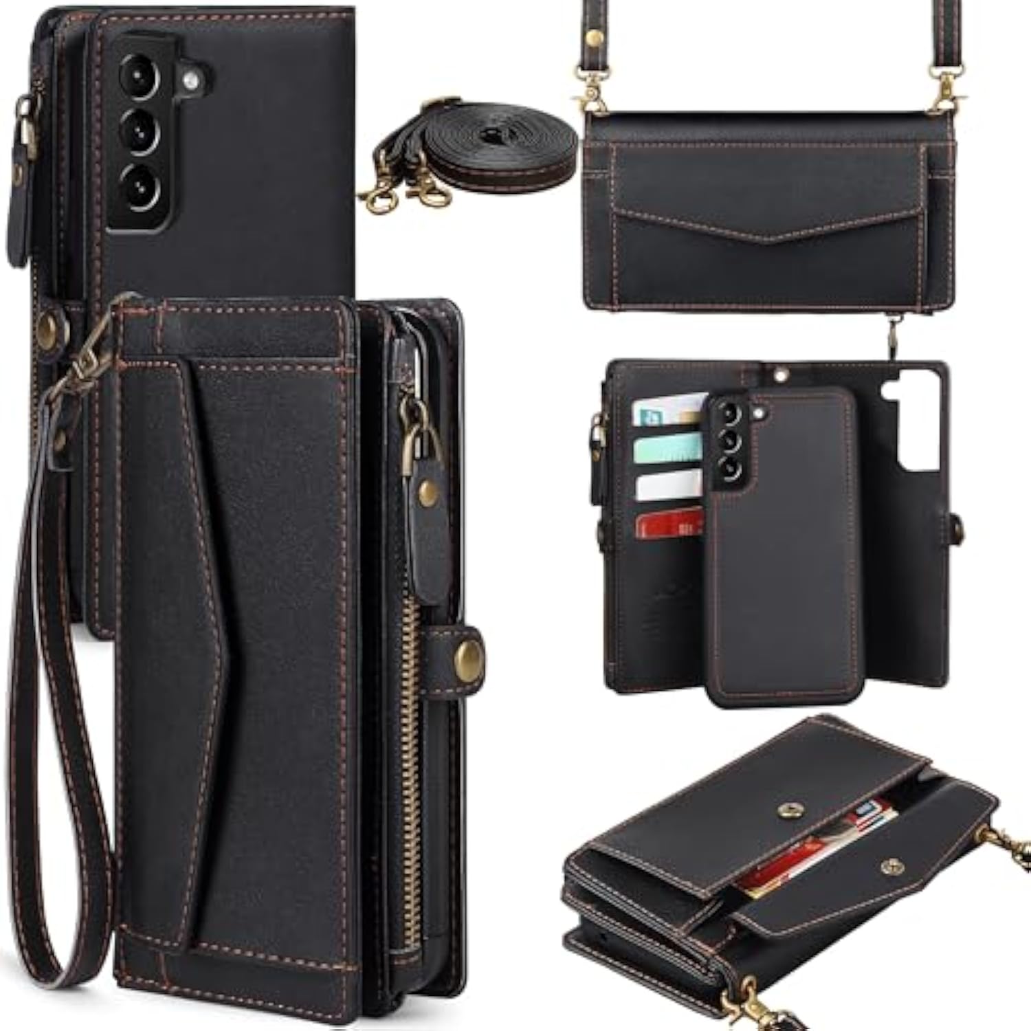Samsung Galaxy S25 Wallet Case, RFID Blocking, Detachable Crossbody Strap, Black