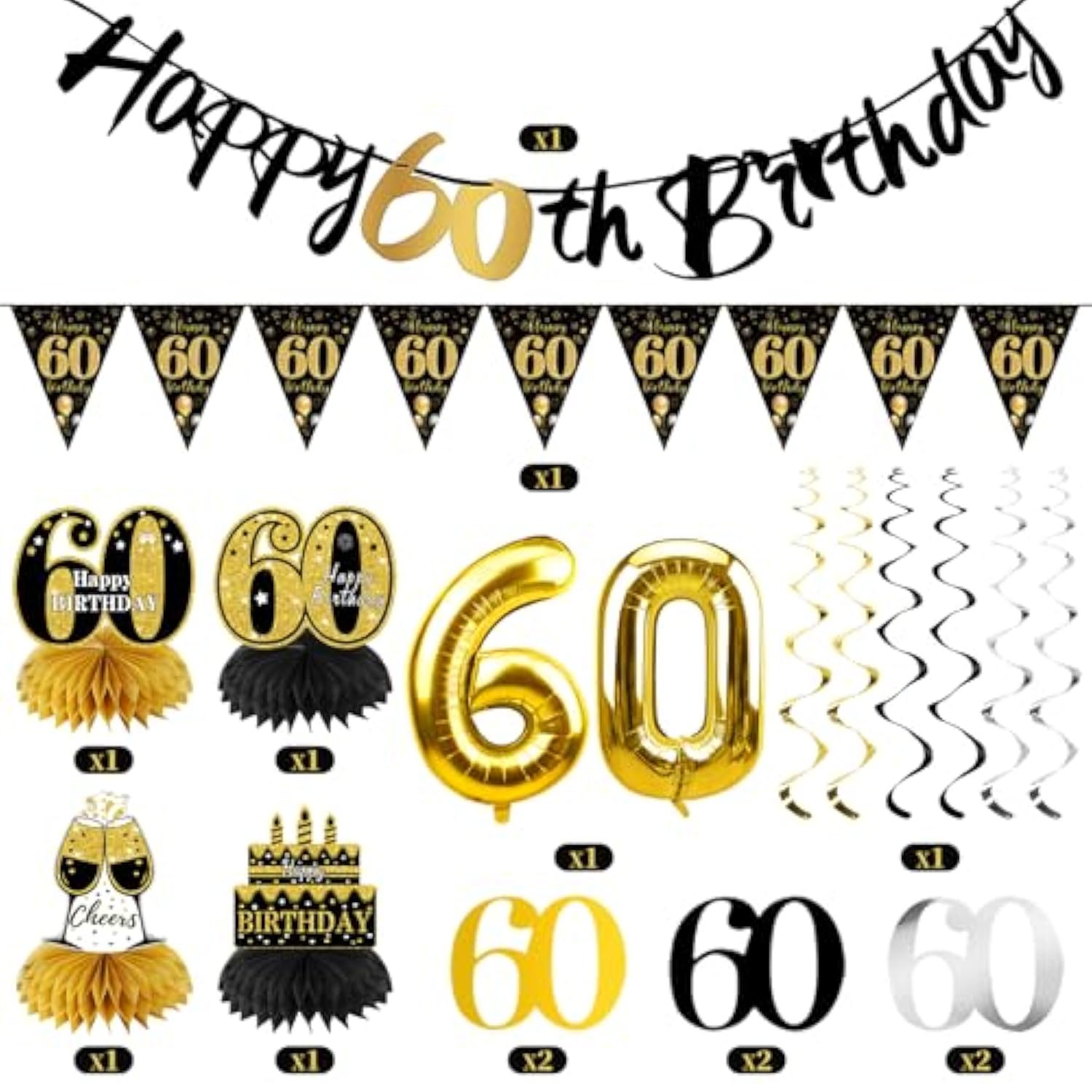 13Pcs 60Th Birthday Decorations For Men Women, Black Gold Happy 60 Birthday Banner Centerpieces Swirls Balloons Kit Party Supplies, Sixty Years Old Bday Ceiling Table Topper Decor