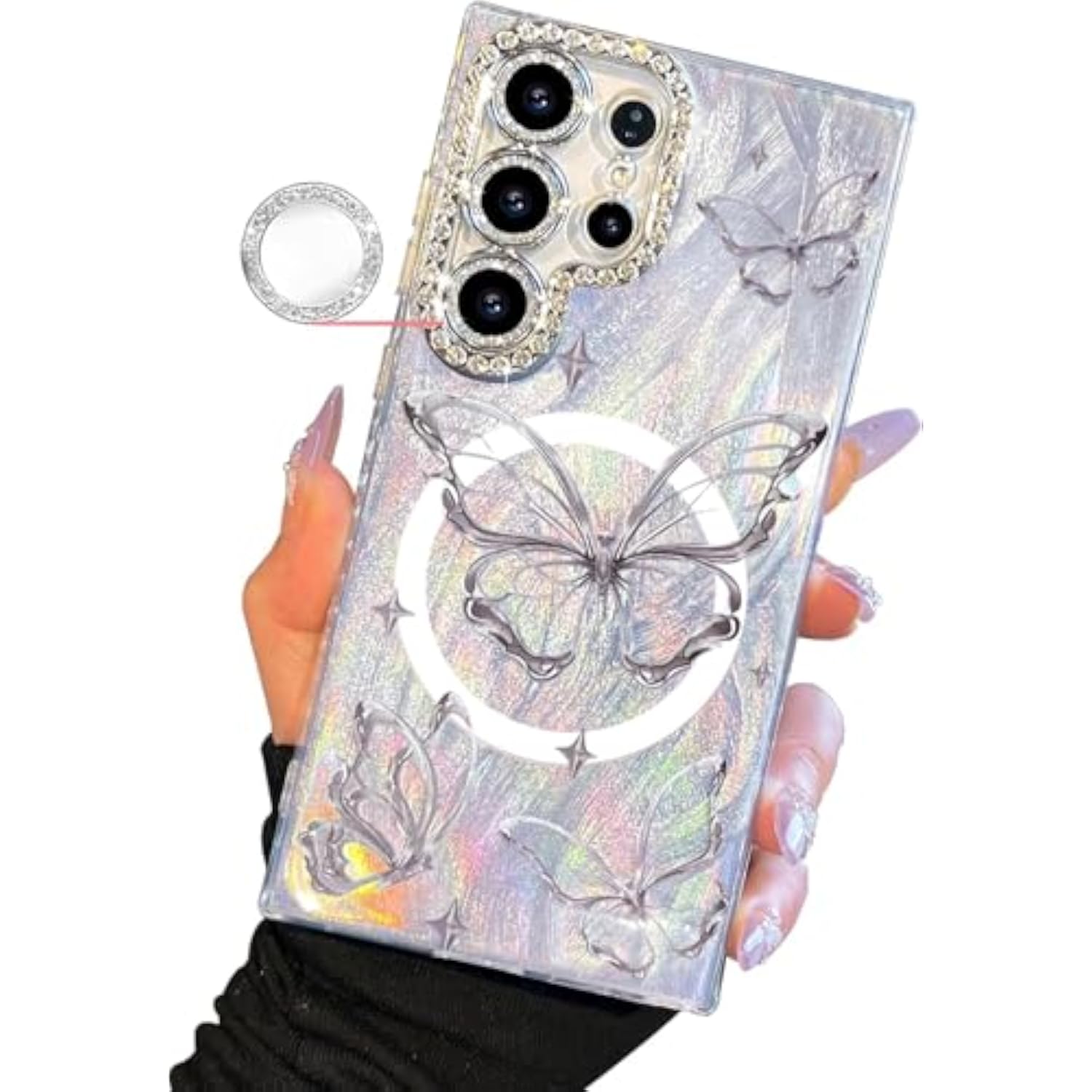 Compact Samsung Galaxy S25 Ultra Phone Case with Magnetic Protective Camera Lens Frame, Soft Shockproof Design, Silver Aesthetic