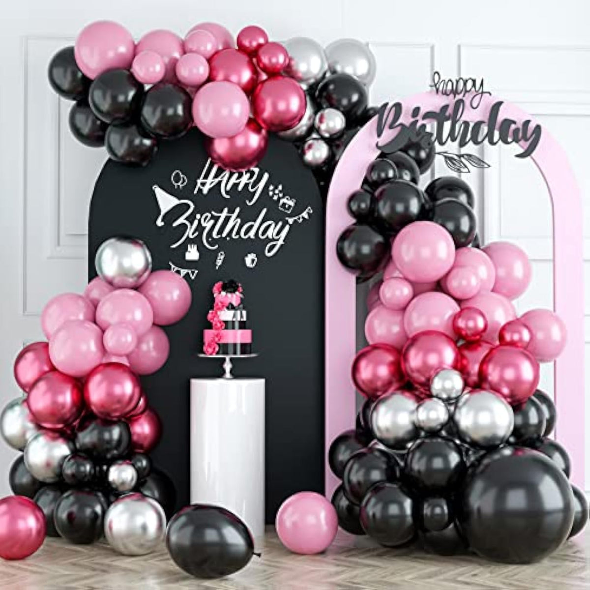 Pink Black Balloon Arch Kit, Pink Black Silver Balloon Garland Kit, Pi