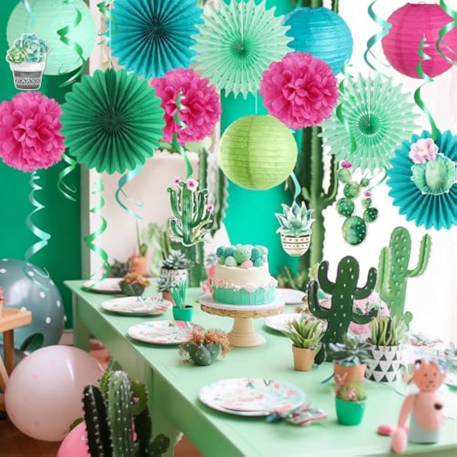 Summer Party Decoration Hanging Cactus Swirls Paper Lanterns Paper Fans Kit For Hawaiian Luau Party Tropical Party Baby Shower Birthday Party Supplies