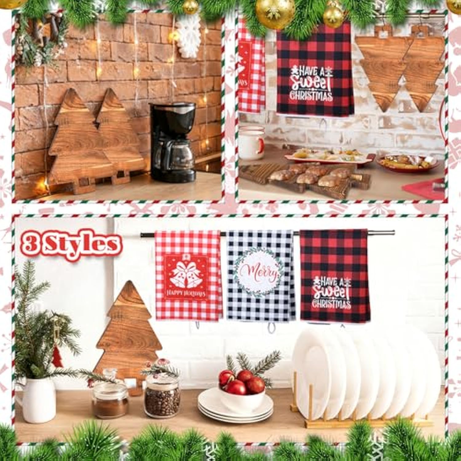 9 Sets Christmas Kitchen Gifts Bulk Wood Cutting Board Charcuterie Boards Christmas Kitchen Towels Pine Branches Xmas Cooking Gifts For Home Party Gift Winter Decoration(Tree Shaped)